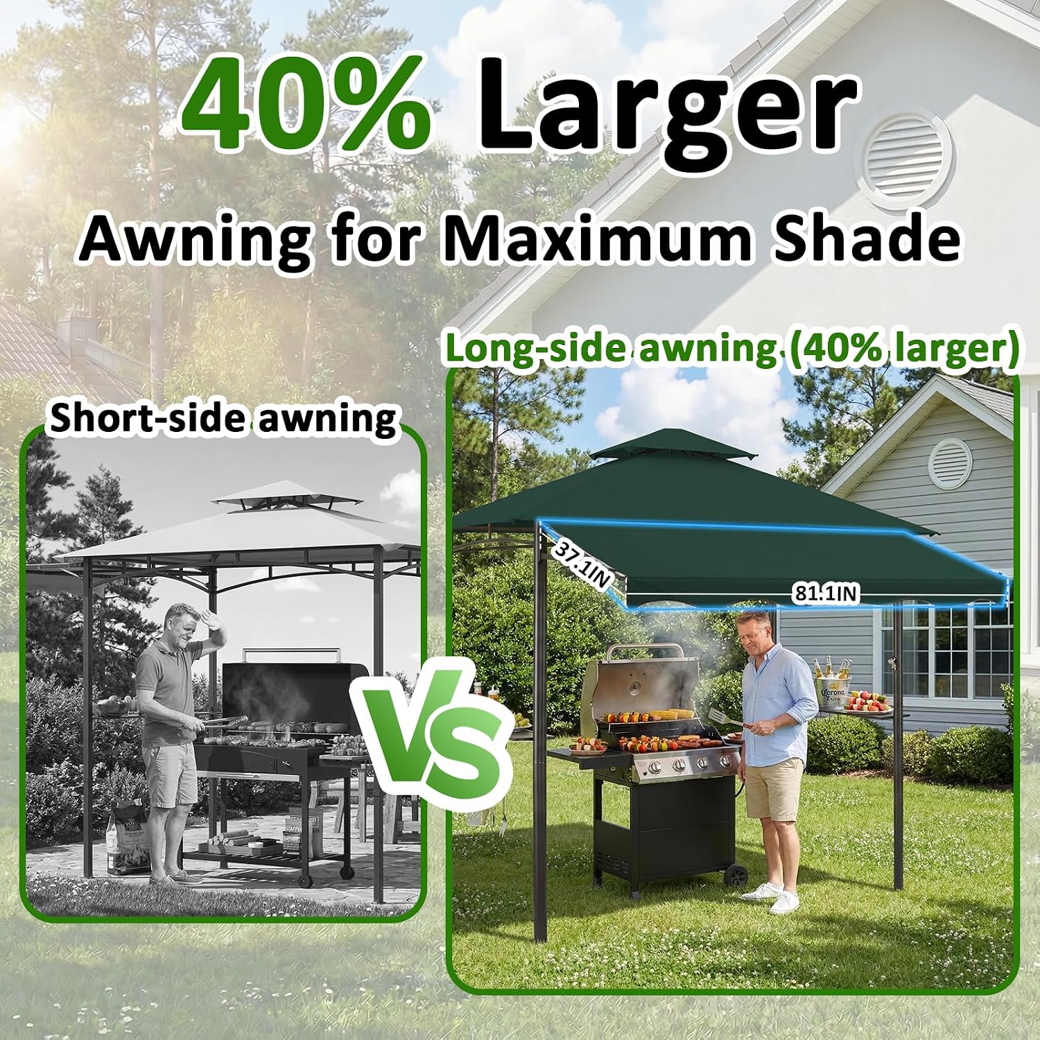 CHARMELEON 8x8 FT Grill Gazebo, Grill Canopy with Big Awning&2 Side Shelves&6 Hooks&Bottle Opener, Powder-Coated Steel BBQ Shelter for Patio Backyard Outdoor Grilling-Green