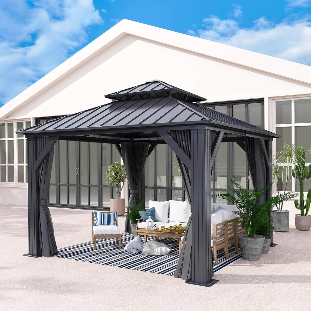 10'x10' Hardtop Gazebo, Outdoor Double Roof Galvanized Steel Gazebos, Aluminum Frame Permanent Pavilion with Curtains & Netting for Backyard, Patio, Deck
