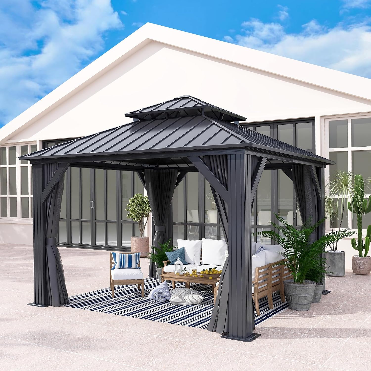10'x10' Hardtop Gazebo, Outdoor Double Roof Galvanized Steel Gazebos, Aluminum Frame Permanent Pavilion with Curtains & Netting for Backyard, Patio, Deck