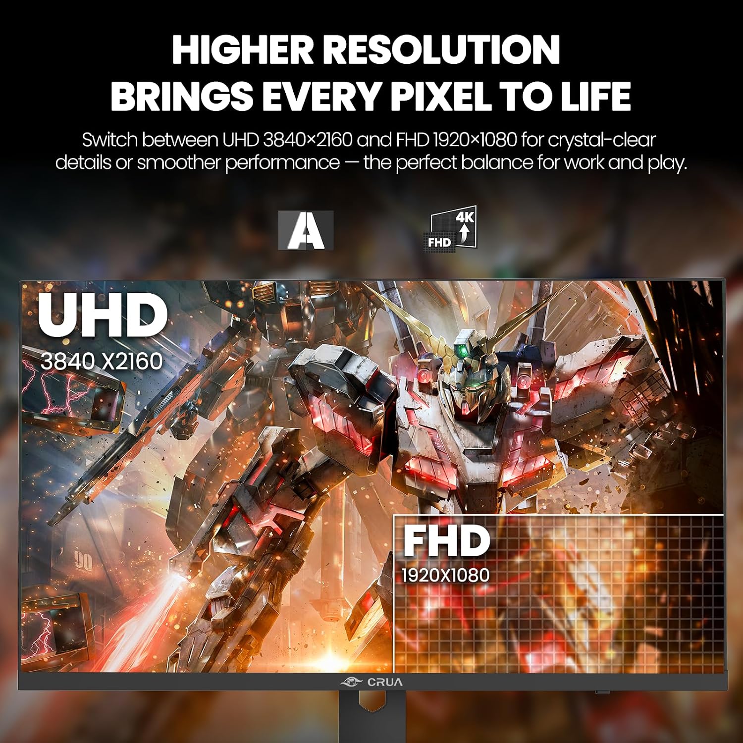 CRUA 27' 4K Gaming Monitor, UHD 3840x2160 160Hz IPS Screen, Height/Pivot/Swivel/Tilt Adjustable Vertical Monitor, Support AMD FreeSync, Built-in Speakers, 120% sRGB, PIP/PBP, HDMI 2.1 & DP 1.4-Black