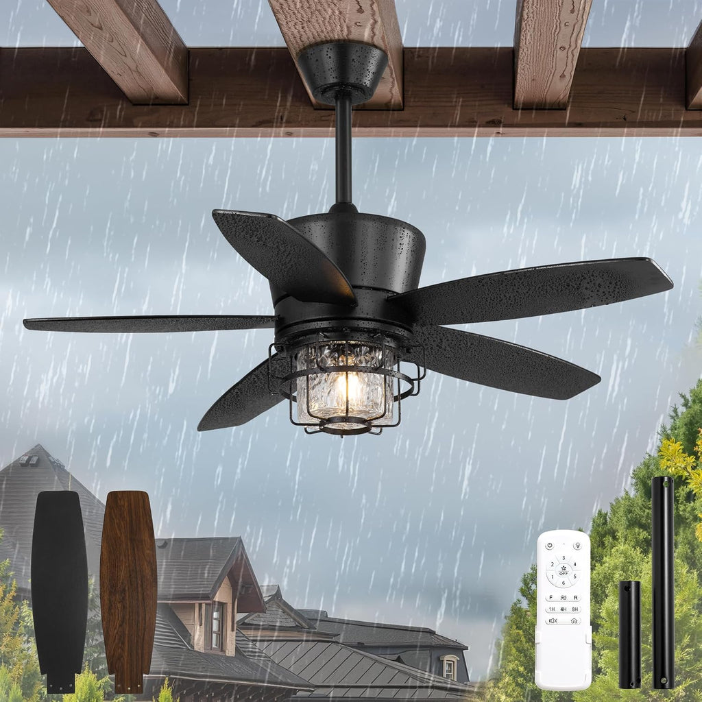 Fanbulous 42' Outdoor Ceiling Fans with Lights and Remote Control,IP65 Wet Rated Waterproof Ceiling Fan with 6-Speed DC Motor, Farmhouse Gazebo Fan for Porch Patios Pavilion（Black）