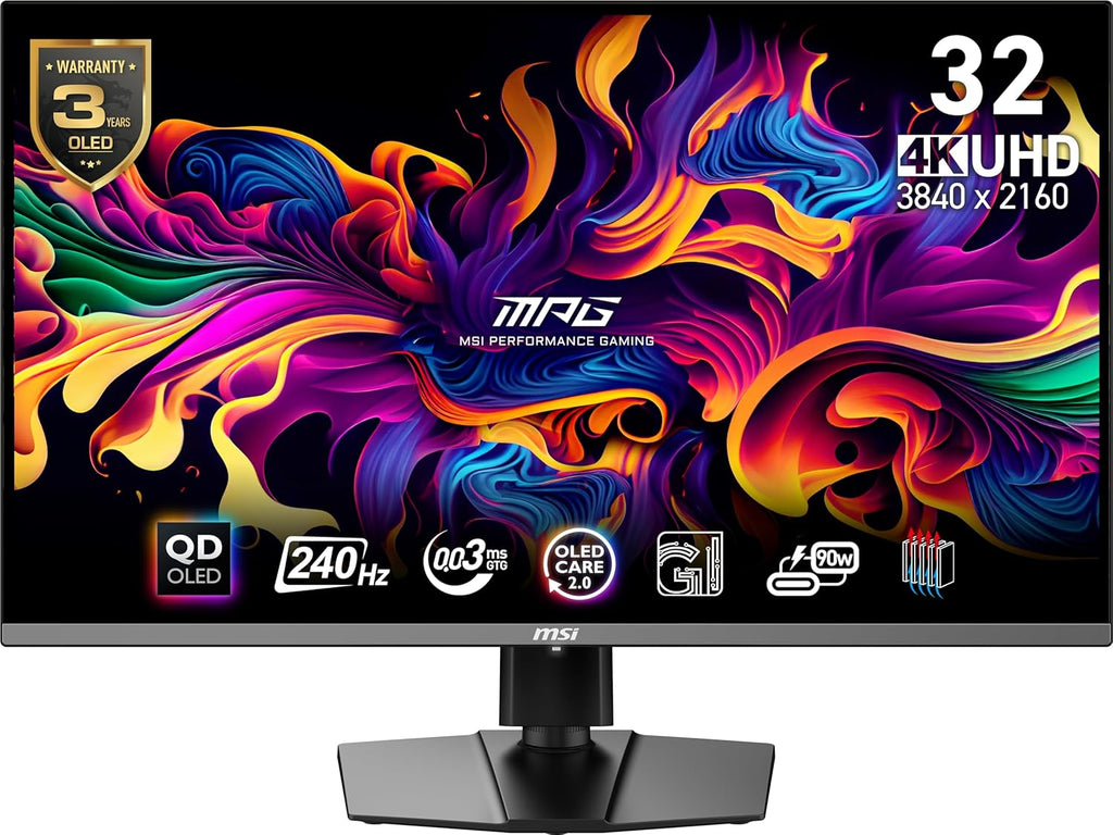 msi MPG 321URX QD-OLED, 32' 4K UHD Quantum Dot OLED Gaming Monitor, 3840 x 2160, 0.03ms, 240Hz, True Black HDR 400, 90W USB Type C, HDMI, DP Port