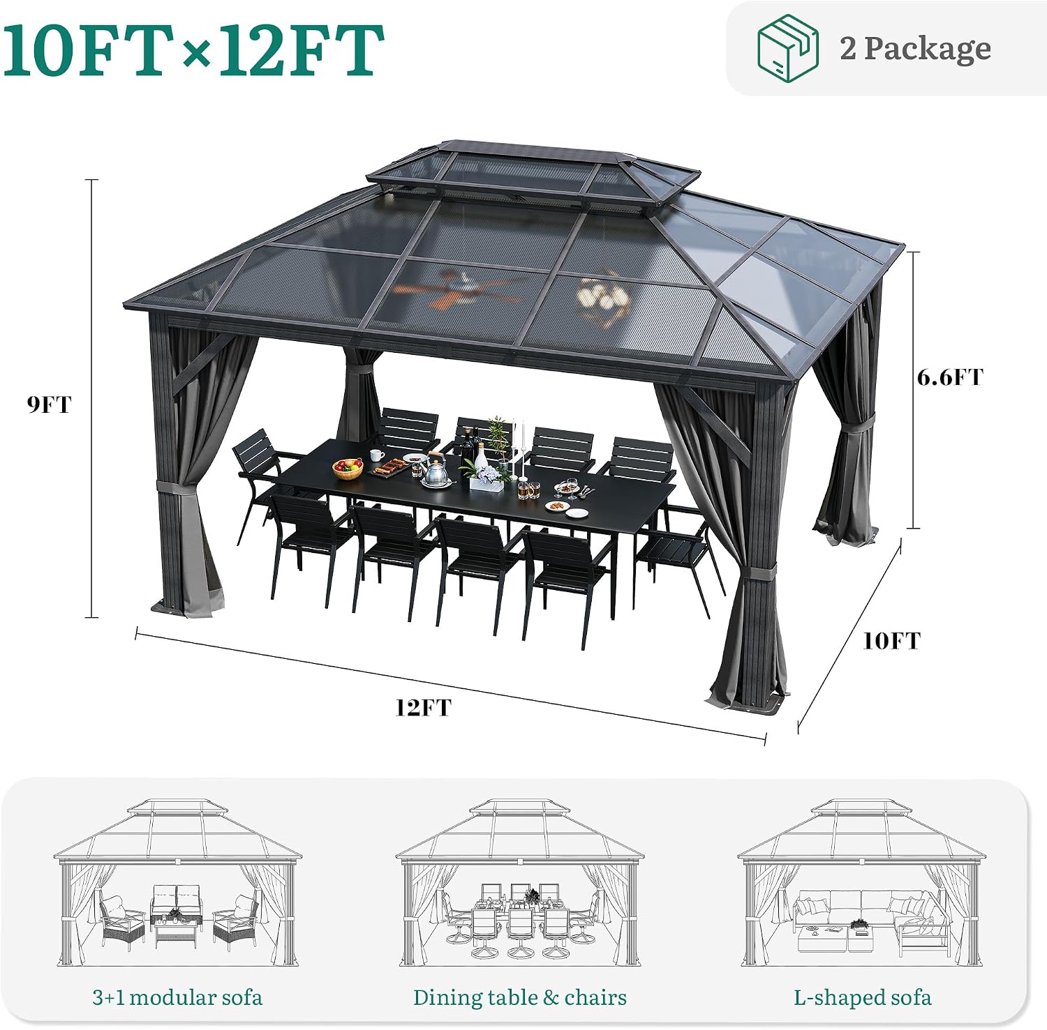 YITAHOME 10X12FT Polycarbonate Gazebo Outdoor Patio Double Top Canopy Galvanized Iron Garden Tent Curtains Netting for Backyards Decks Lawns,Gray
