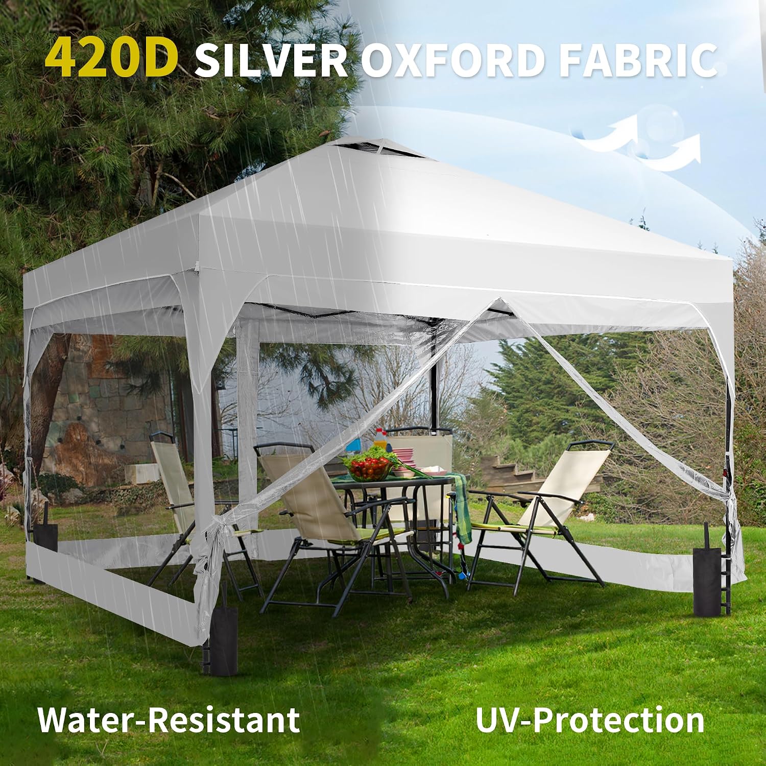 12x12 Pop Up Canopy Tent with One Push Setup, Outdoor Sun Shade Canopy for Backyard Party, Easy Up Instant Shelter with 4 PVC Transparent Sidewalls, 4-Sandbags & Wheel Bag, White.