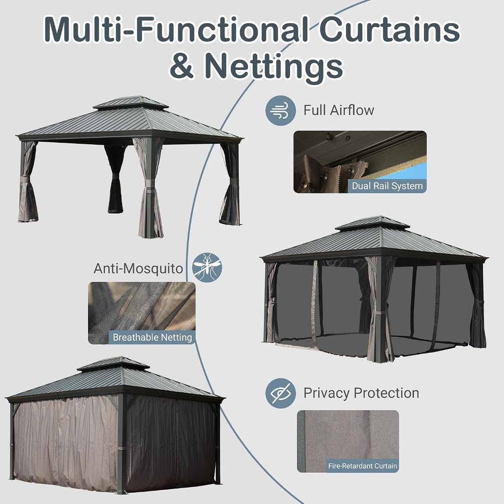 Domi 10' X 14' Hardtop Gazebo Metal Gazebo Canopy with Galvanized Steel Double Roof, Aluminum Frame, Curtains and Netting for Patio, Deck, Garden, Outdoor Shelter, Grey