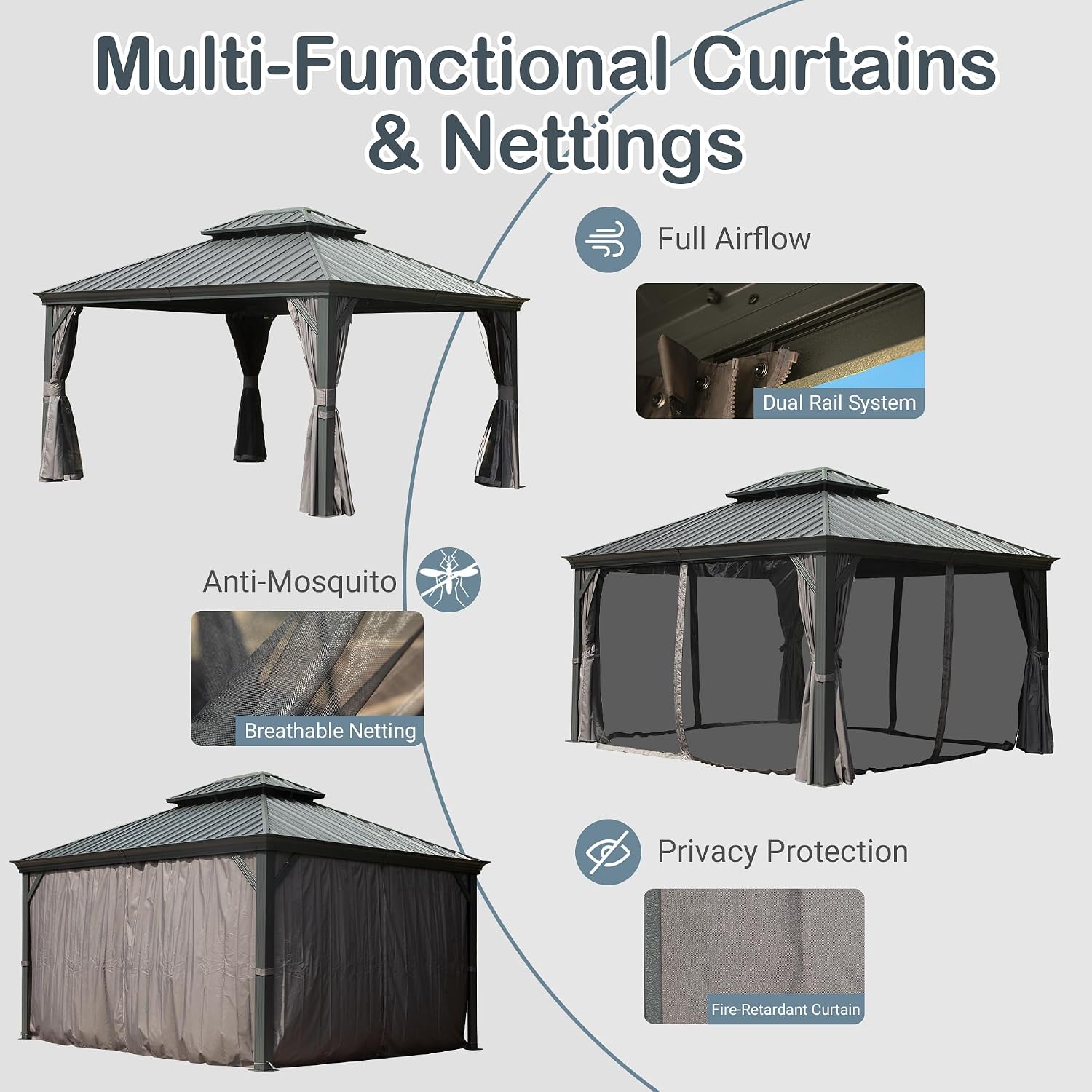 Domi 10' X 14' Hardtop Gazebo Metal Gazebo Canopy with Galvanized Steel Double Roof, Aluminum Frame, Curtains and Netting for Patio, Deck, Garden, Outdoor Shelter, Grey