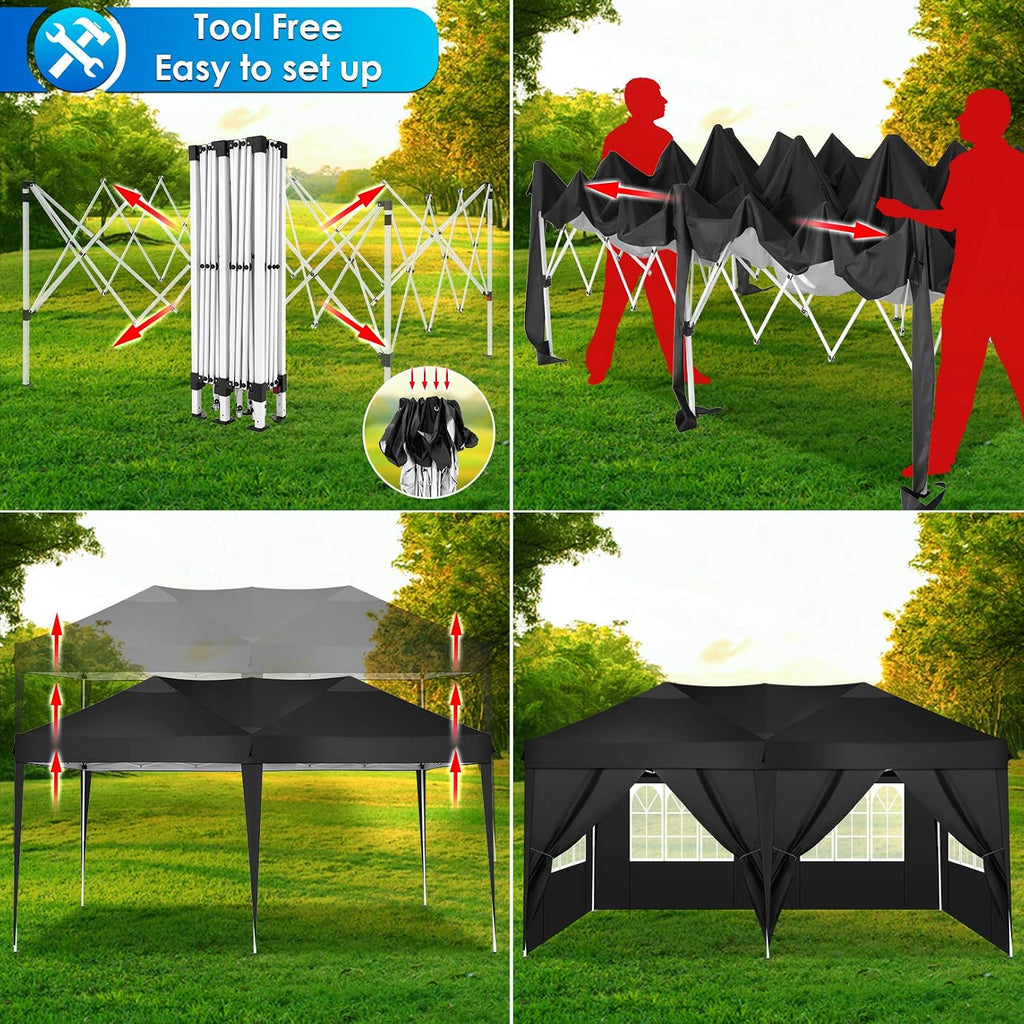 COBIZI 10x19ft Pop Up Canopy, Fully Waterproof Canopy Tent, 10x20 Canopy with Sidewalls, Black