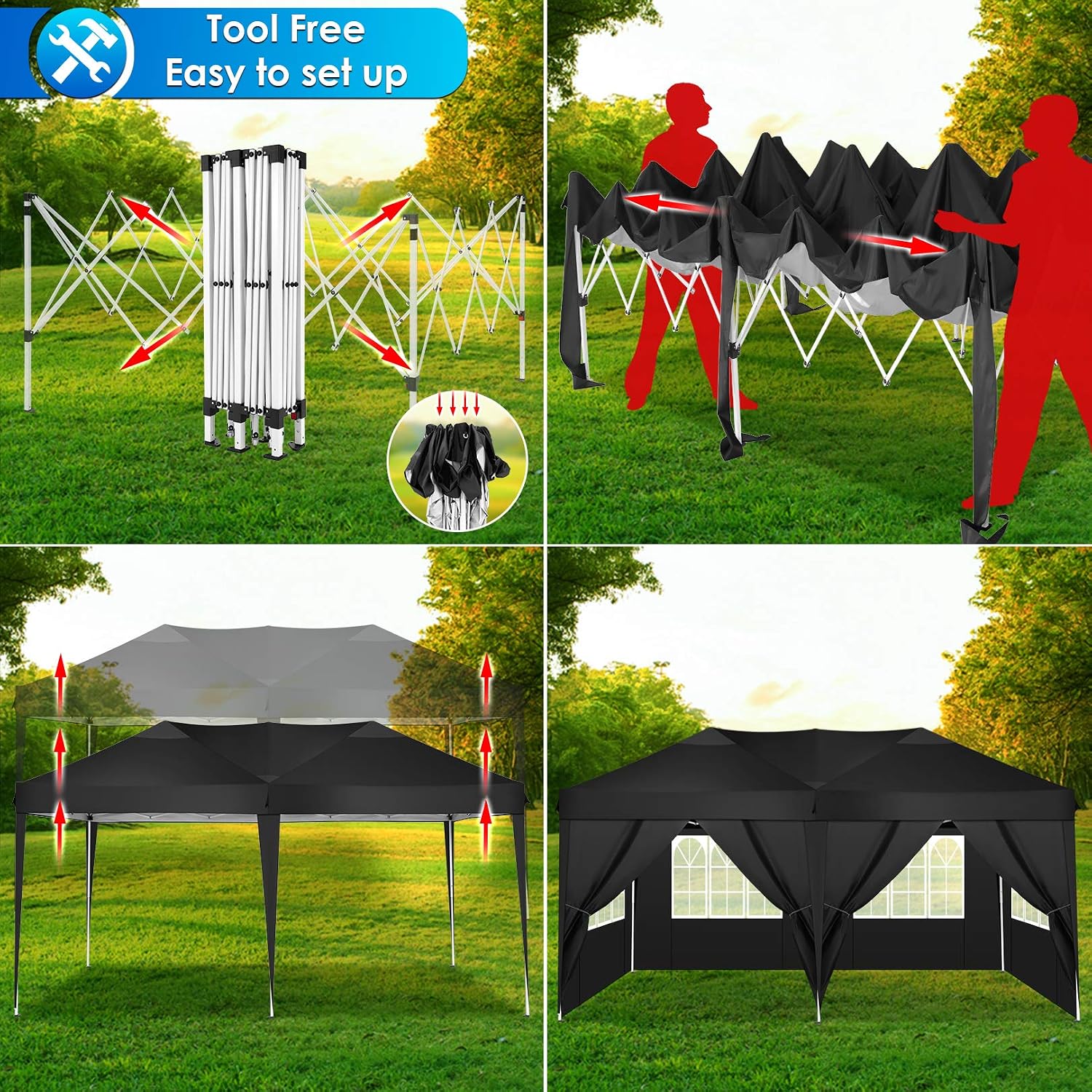 COBIZI 10x19ft Pop Up Canopy, Fully Waterproof Canopy Tent, 10x20 Canopy with Sidewalls, Black