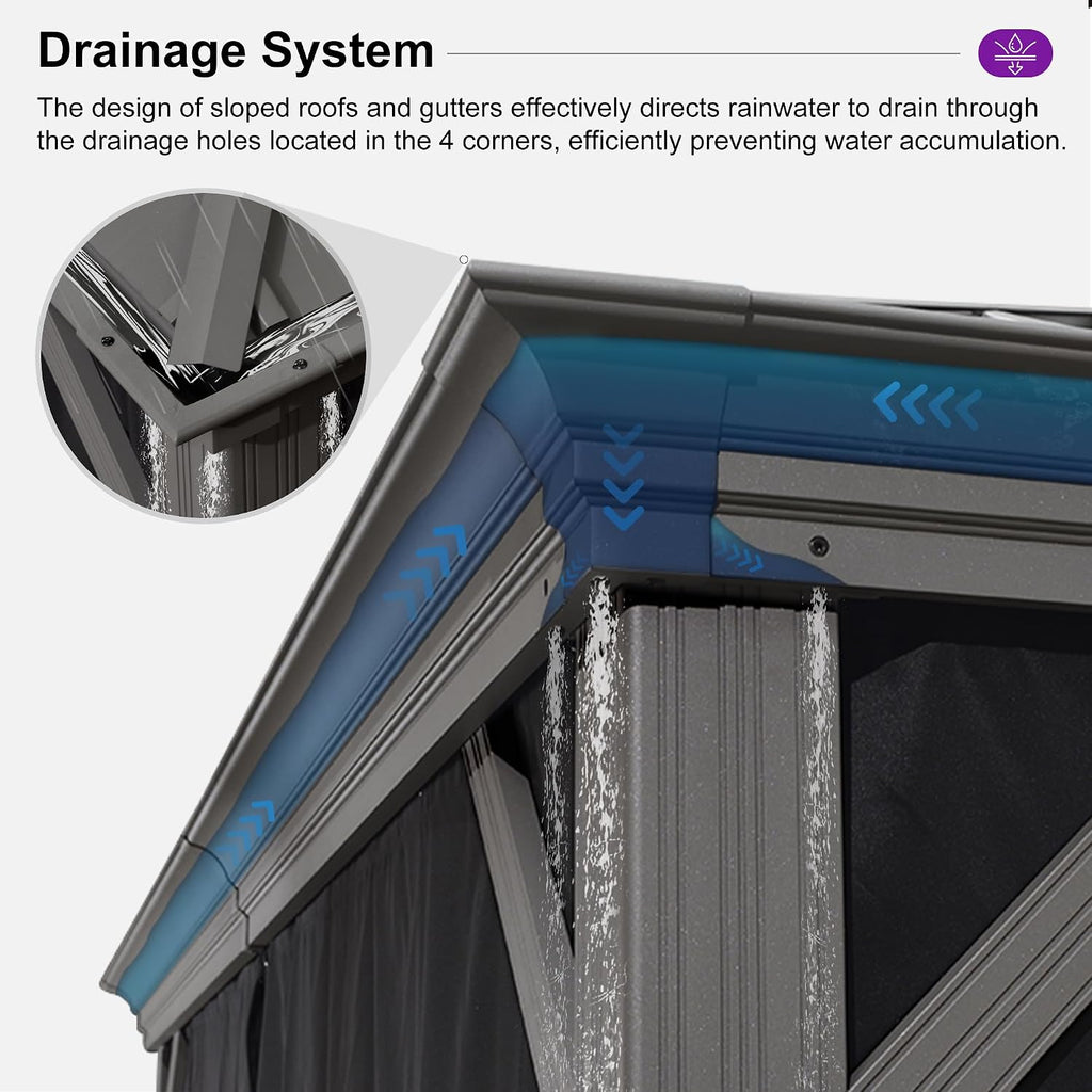 PURPLE LEAF 14' x 20' Outdoor Hardtop Gazebo with Netting and Curtains Galvanized Steel Double Roof and Aluminum Frames Permanent Wind Resistance Pavilion Gazebo for Patio Deck Garden, Light Grey