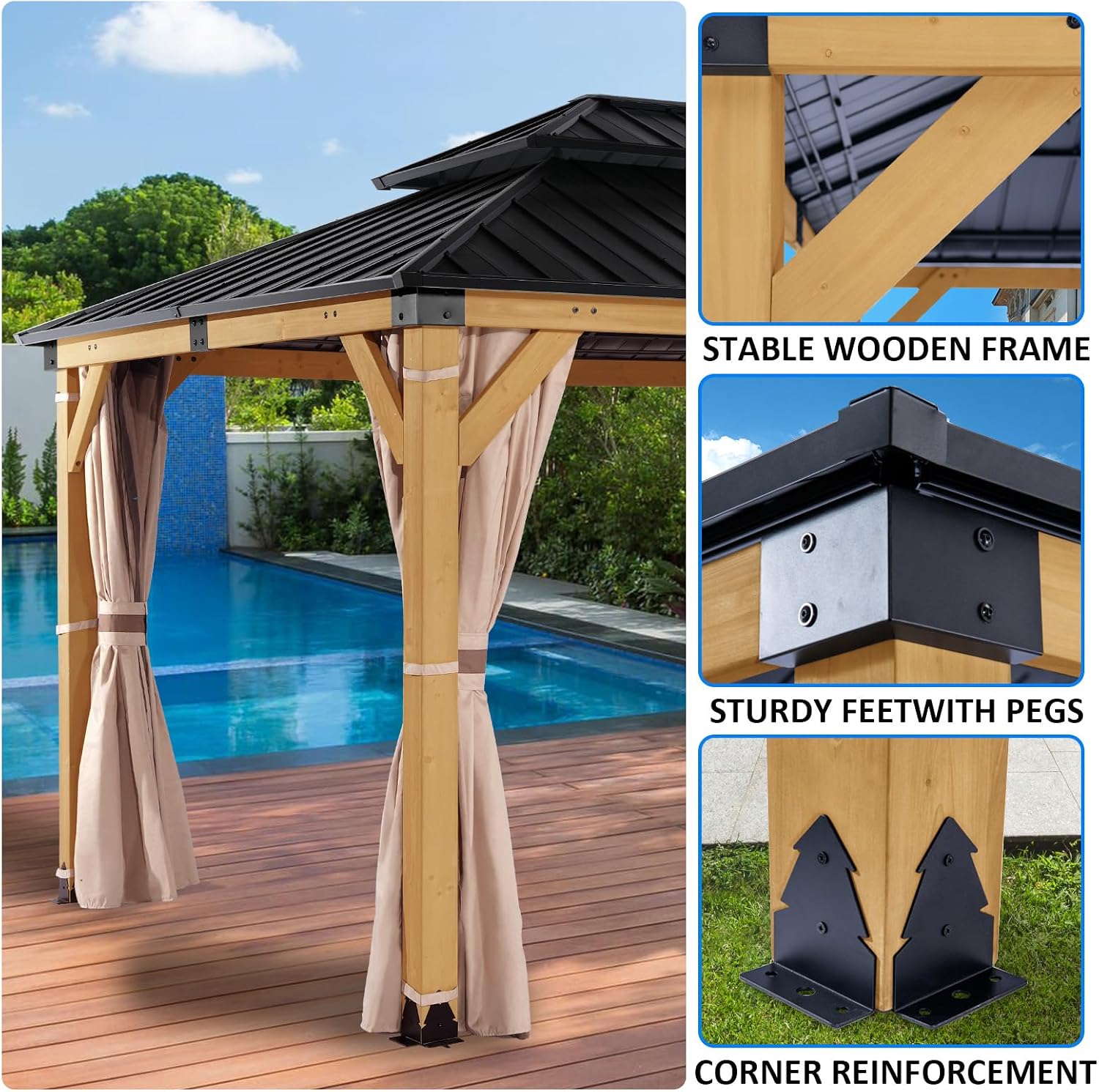 10'x12' Wooden Hardtop Gazebo,Wood Heavy Duty Solid Cedar Gazebos with Mosquito Netting and Waterproof Curtains,Outdoor Metal Canopy for Deck Patio