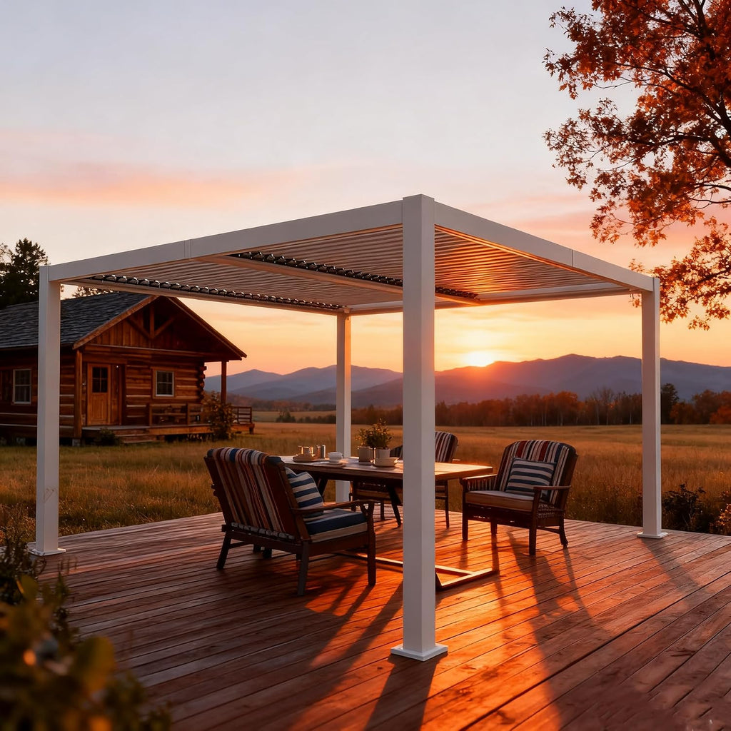 Kozyard Outdoor Louvered Pergola 10' x 12' Pergola Sun Shade All-Weather Aluminum Packing Shelter with Drainage System Adjustable Roof Waterproof for Poolside Balcony Patio Garden Yard White