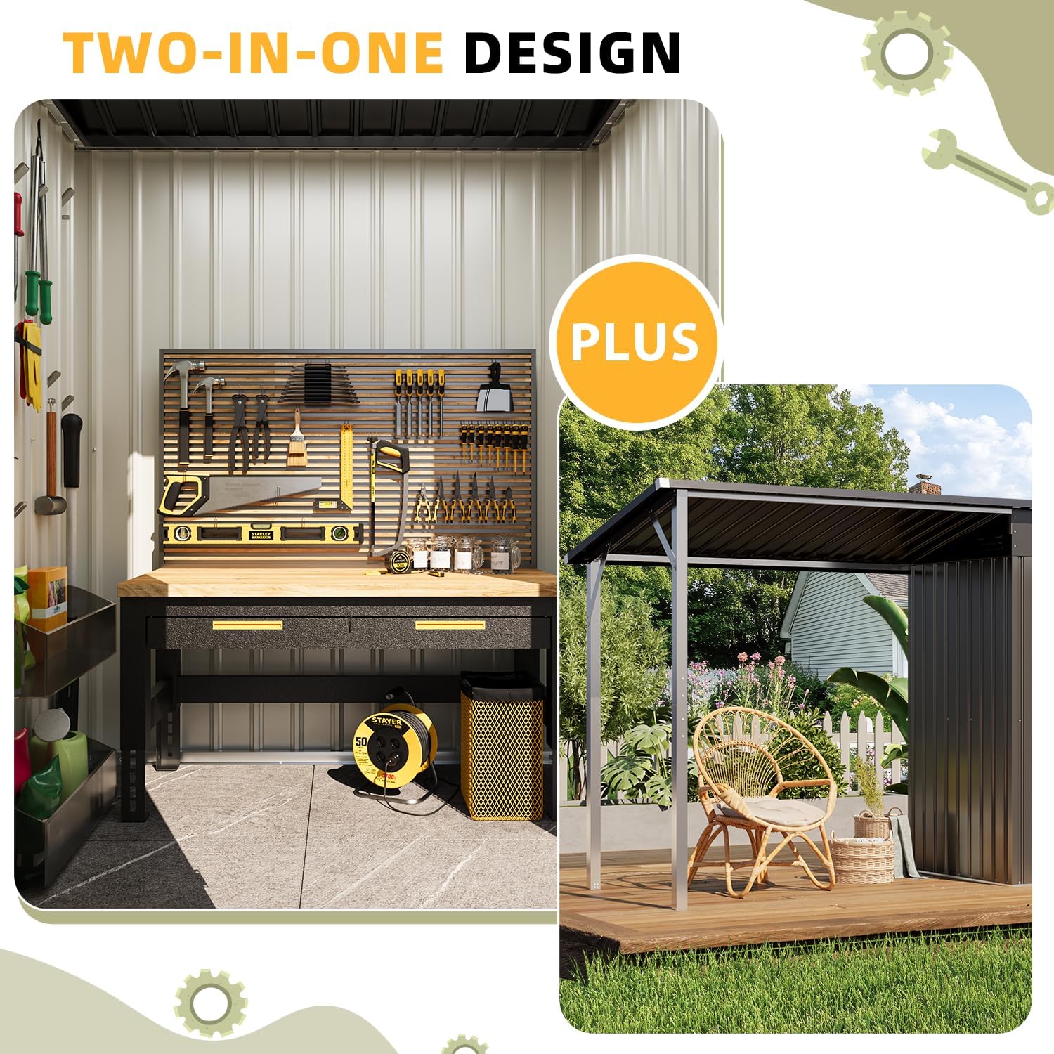 AECOJOY 5x3 FT Outdoor Storage Shed & Hardtop Gazebo Combo, 10x4 FT Metal Lean to Shed with 3'x5' Open Pergola, 2-in-1 Tool Sheds & Outdoor Storage for Patio, 30 Sq.Ft Covered