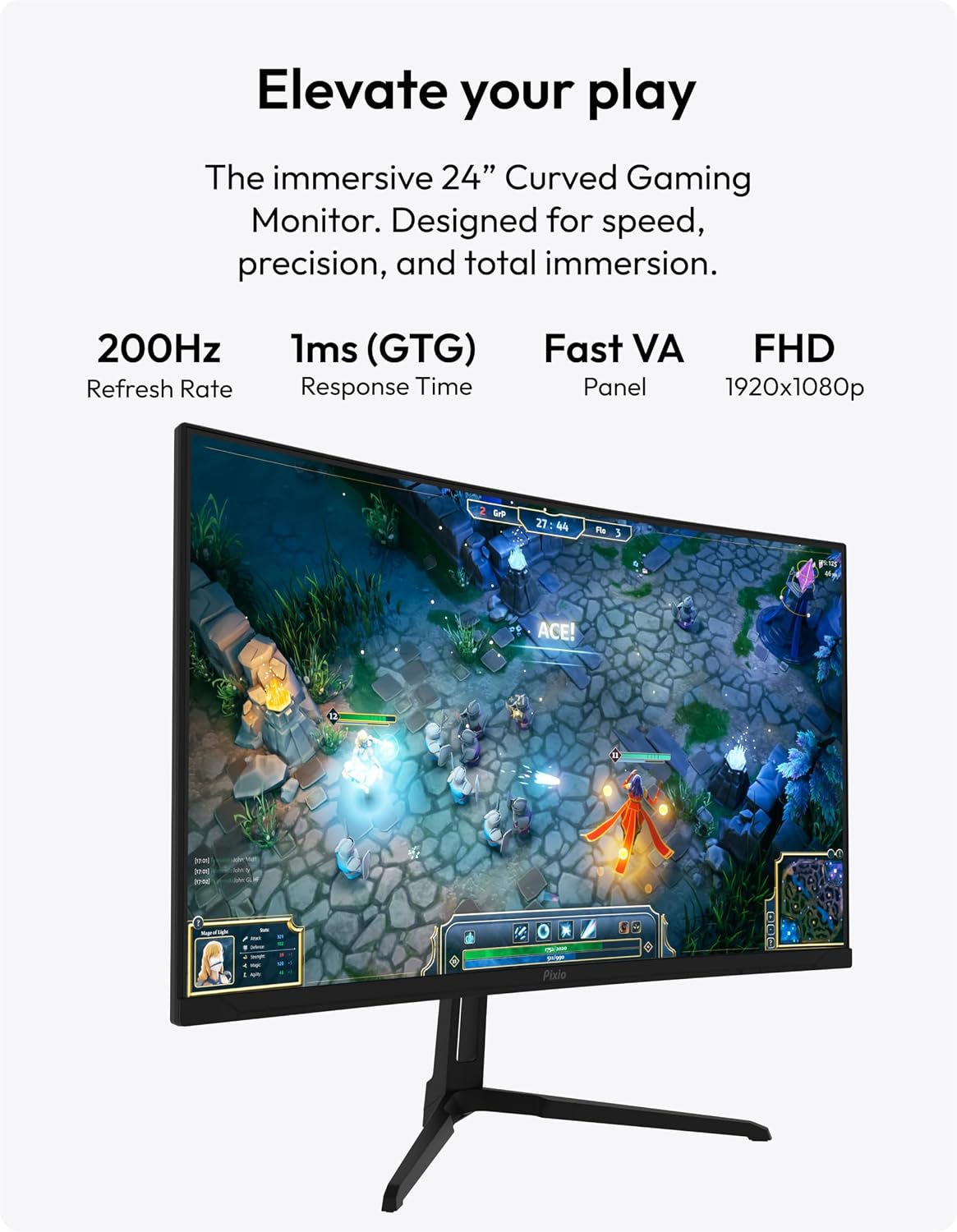 Pixio PXC248 Wave 24 inch 200Hz Refresh Rate FHD 1080p Resolution 1500R Curve Fast VA Panel 1ms GTG Response Time Adaptive Sync HDR Curved Gaming Monitor