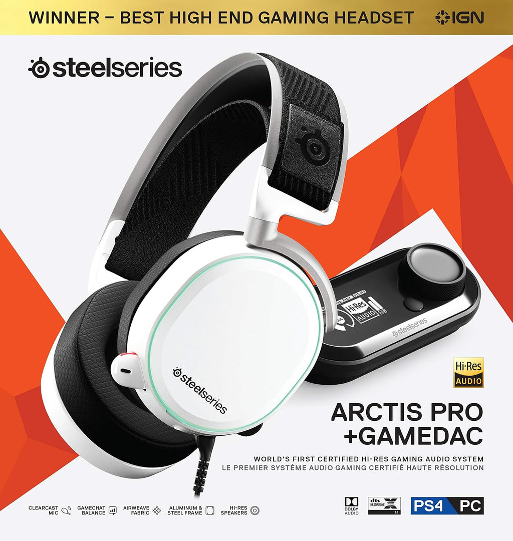SteelSeries Arctis Pro + GameDAC Wired Gaming Headset - Certified Hi-Res Audio - Dedicated DAC and Amp - for PS5/PS4 and PC - White