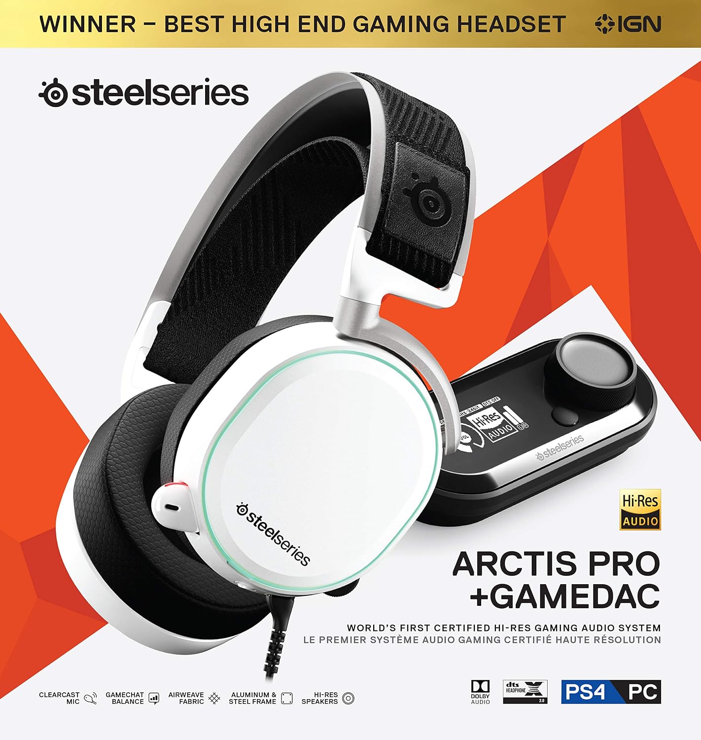 SteelSeries Arctis Pro + GameDAC Wired Gaming Headset - Certified Hi-Res Audio - Dedicated DAC and Amp - for PS5/PS4 and PC - White