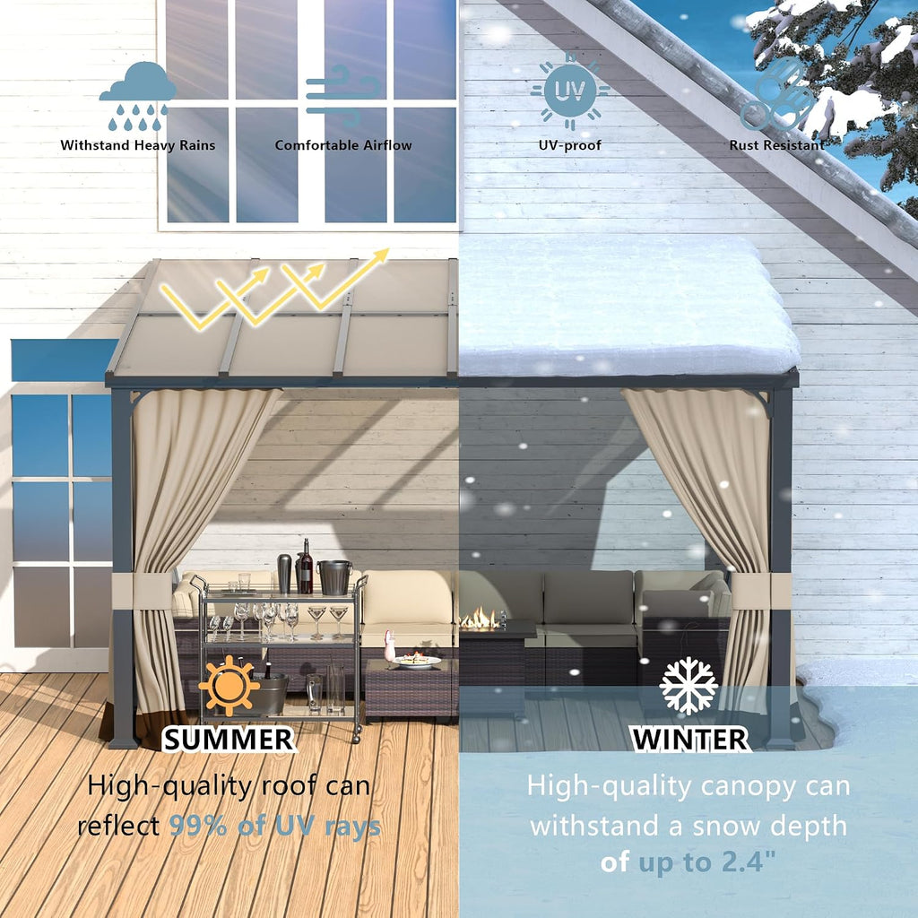 Kurapika 10' x 12' Wall Mount Gazebo Outdoor Pergola, Hardtop Lean to Gazebo Canopy Awnings with Sloped Roof and Sturdy Steel Frame, for Patio, Porch, Deck, Backyard(Sand)
