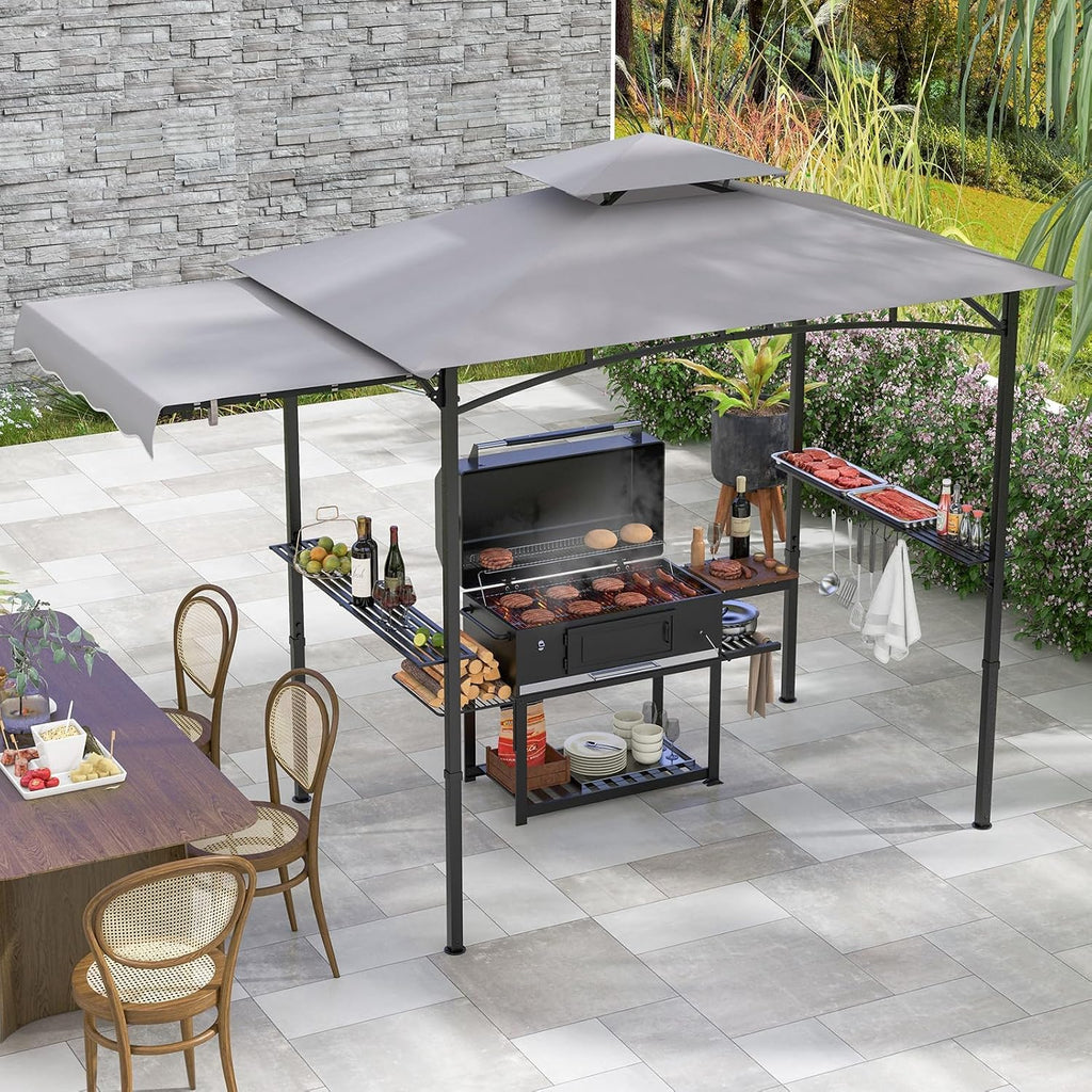 HAPPYGRILL Outdoor Grill Gazebo Canopy 11 x 5 FT, Barbecue Canopy with Double-Tiered Top, 2 Side Shelves, Hanging Hooks, Bottle Opener, Metal Frame, BBQ Grilling Shelter