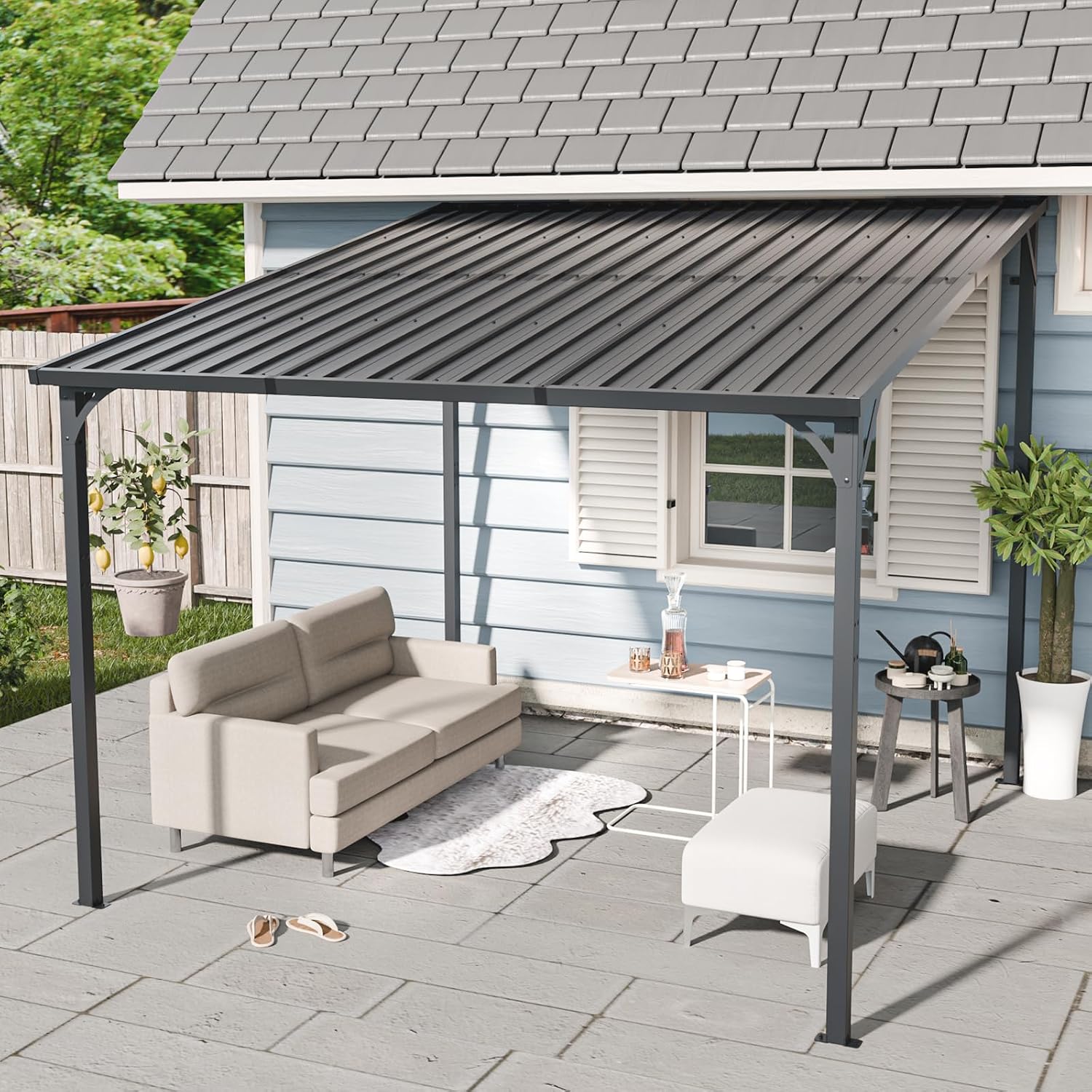 Patio Lean to Gazebo with Galvanized Steel Roof, 10x10 FT Outdoor Metal Wall-Mounted Pergola for Garden, Lawn, Poolside, Backyard Deck
