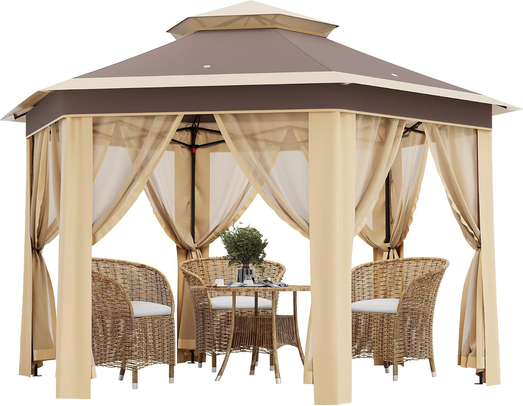Garvee Pop Up Gazebo Screen Tent, Hexagonal Instant Gazebo Tents with Mosquito Netting Outdoor Canopy, 6 Sided Sun Shelter 13x13 ft with Mesh Netting, Pavilion Tent for Patio, Khaki+Beige