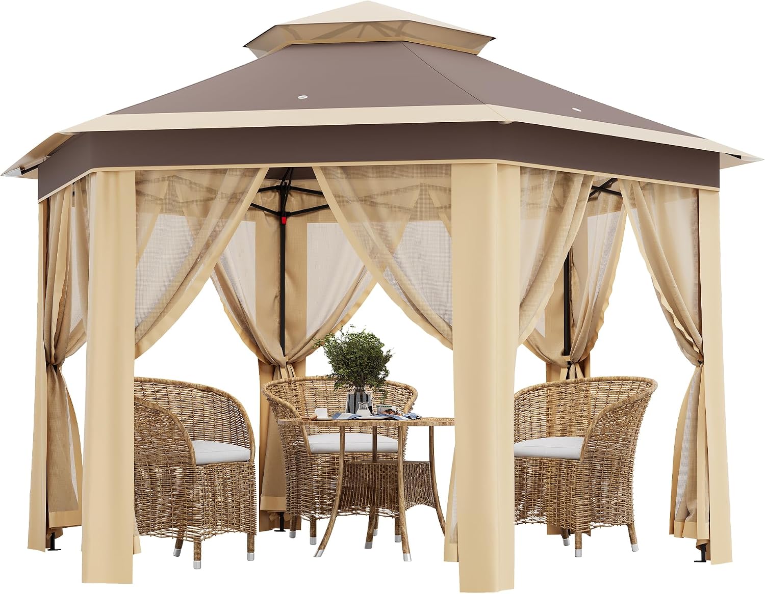 Garvee Pop Up Gazebo Screen Tent, Hexagonal Instant Gazebo Tents with Mosquito Netting Outdoor Canopy, 6 Sided Sun Shelter 13x13 ft with Mesh Netting, Pavilion Tent for Patio, Khaki+Beige