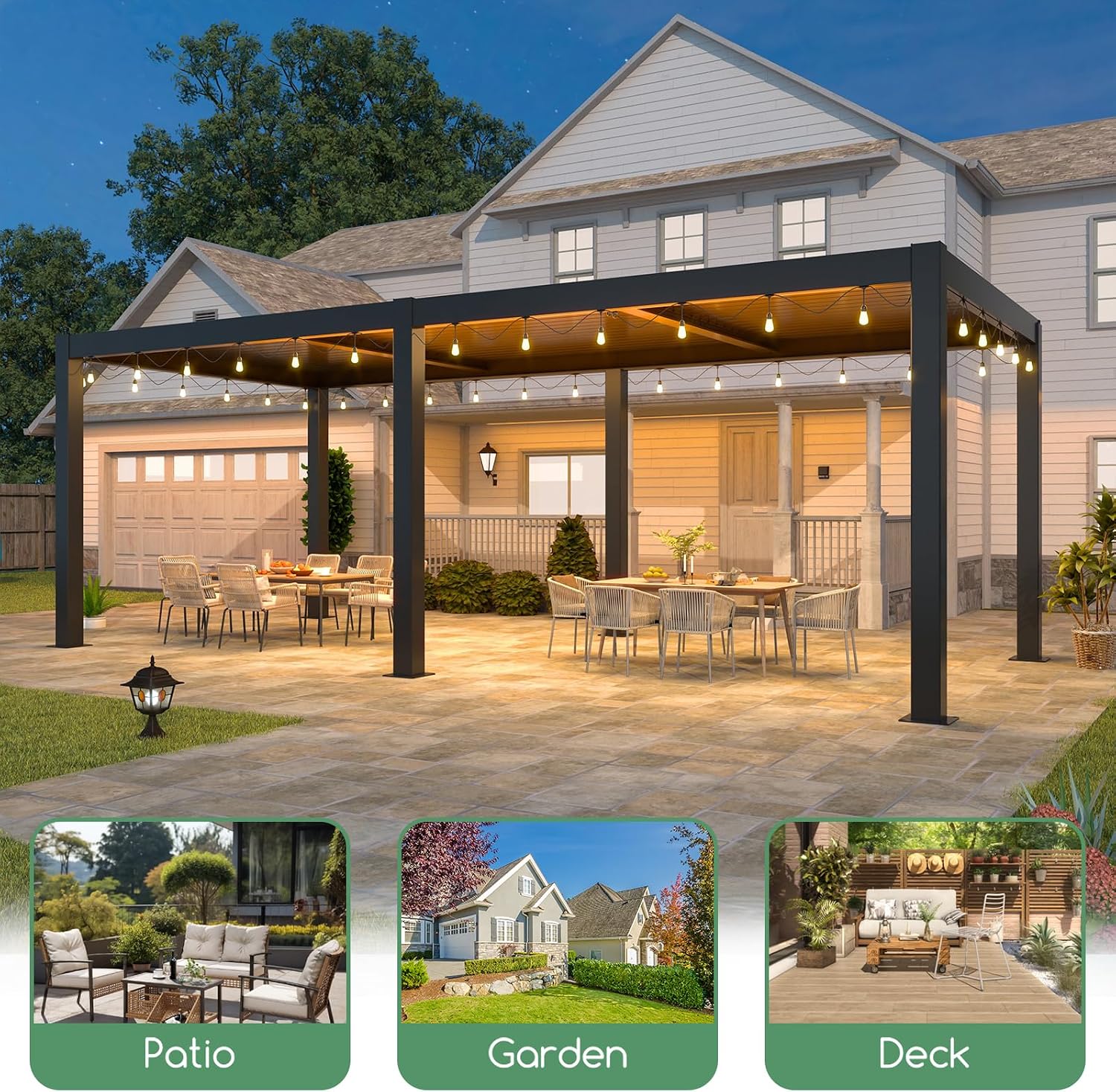 LVUYOYO Outdoor Louvered Pergola 10' x 20' with LED String Lights, Aluminum Pergola with Adjustable Roof, Waterproof Metal Gazebo for Patio, Backyard, Garden, Deck (10x20FT with Lights)