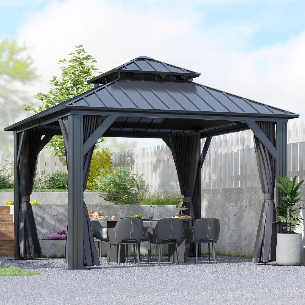 12'x12' Hardtop Gazebo, Outdoor Double Roof Galvanized Steel Gazebo, Aluminum Frame Permanent Pavilion with Curtains & Netting for Backyard, Patio, Deck (12x12)