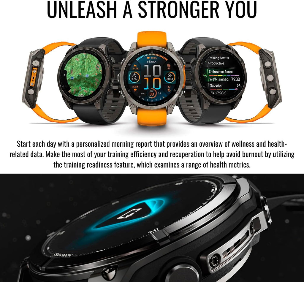 Garmin Fenix 8 Sapphire 51mm GPS Smartwatch with 1.4-Inch AMOLED Display (Spark Orange and Graphite) Bundle with Focus Camera Charger Stand and Focus Charger Port Protectors (9-Pack) (3 Items)