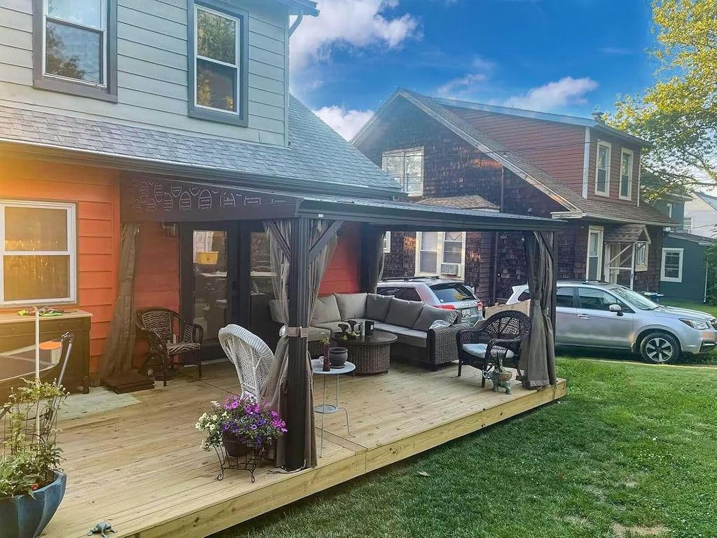 Domi 10' x 12' Lean to Gazebo with Aluminum Frame, Wall Mounted Gazebo Hardtop Galvanized Steel Sloping Roof with Curtains and Netting for Patio Deck Backyard Lawn Party
