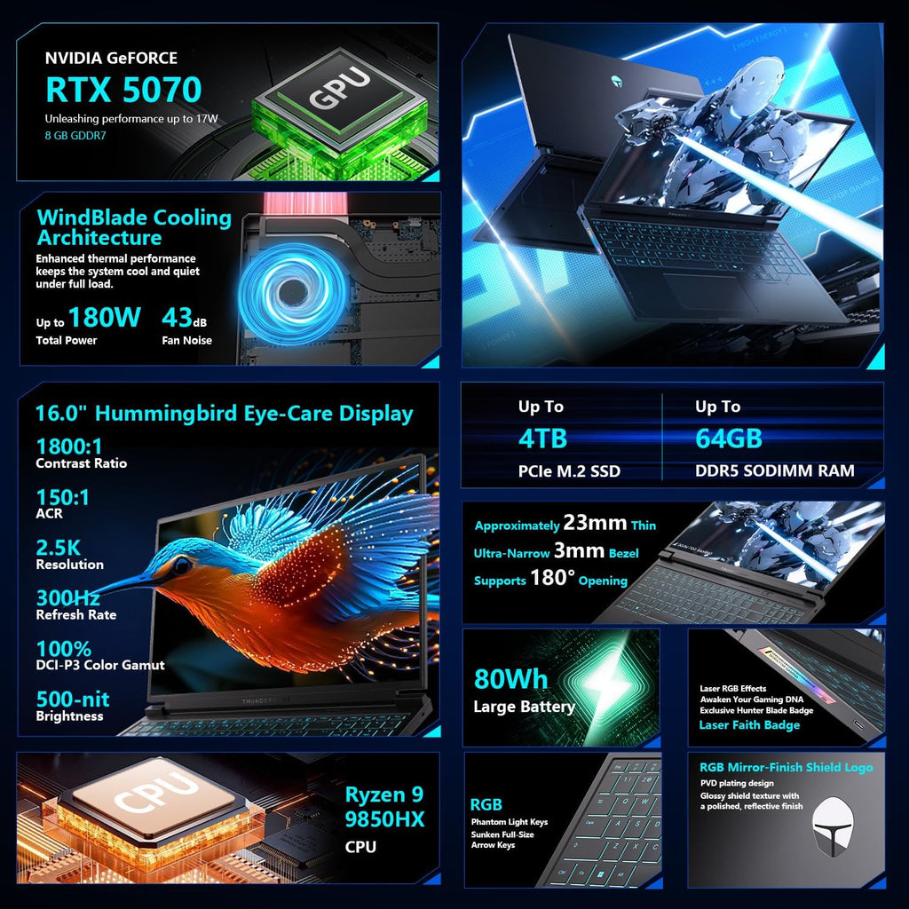 Thunderobot Radiant 16S R9 5070 300Hz Gaming Laptop, 16' QHD+ 2.5K, AMD Ryzen 9 9850HX, GeForce RTX 5070, up to 300Hz Hummingbird Display, 16GB DDR5, 1TB SSD, RGB Backlit KB, Wi-Fi 6, Win 11 Home