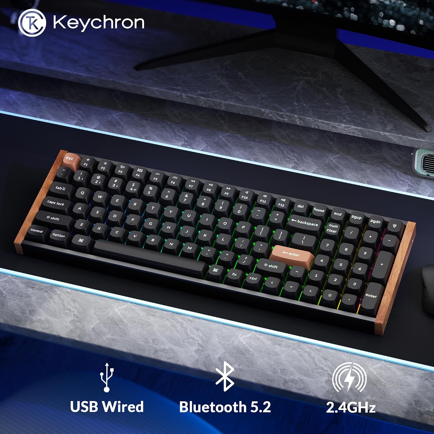Keychron K4 HE 96% Wireless Hall Effect Keyboard with Number Pad, Rapid Trigger Magnetic Switches, QMK Launcher, 2.4GHz/Bluetooth/Wired, Mac & Windows, Wood Accent Frame, Black (Non-Shine-Through)