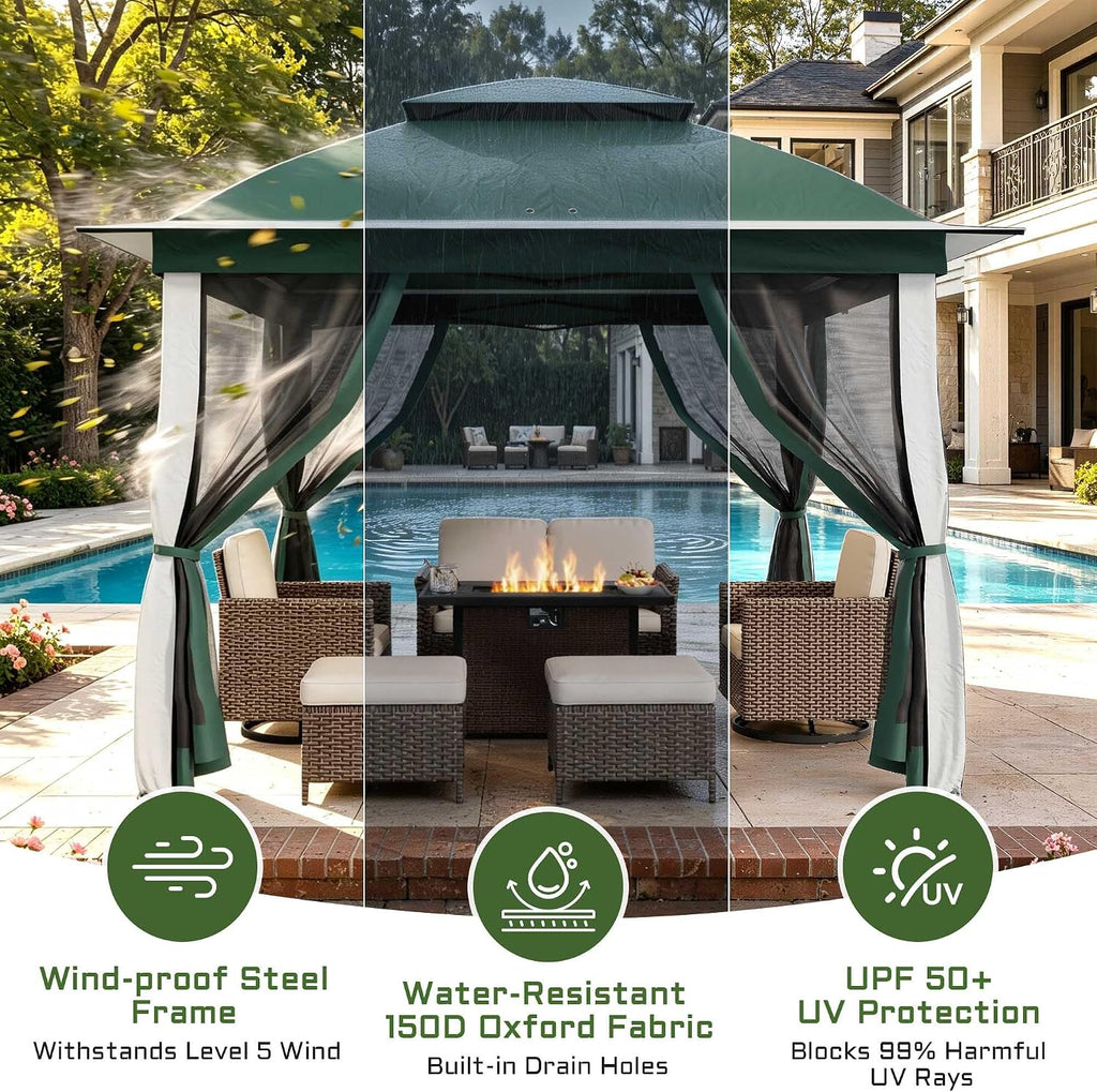 11'X11' Gazebo Pop Up with 4 Sidewalls Mosquito Netting, Heavy Duty Patio Gazebo Canopy Tent with Double Air Roofs for Backyards, Patios, Decks, Gardens, Parks