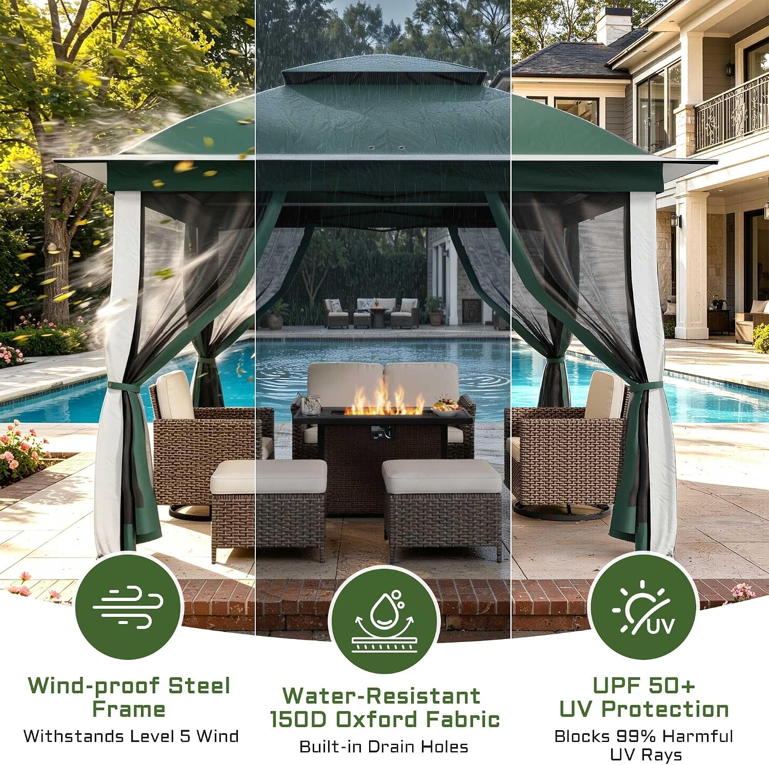 11'X11' Gazebo Pop Up with 4 Sidewalls Mosquito Netting, Heavy Duty Patio Gazebo Canopy Tent with Double Air Roofs for Backyards, Patios, Decks, Gardens, Parks