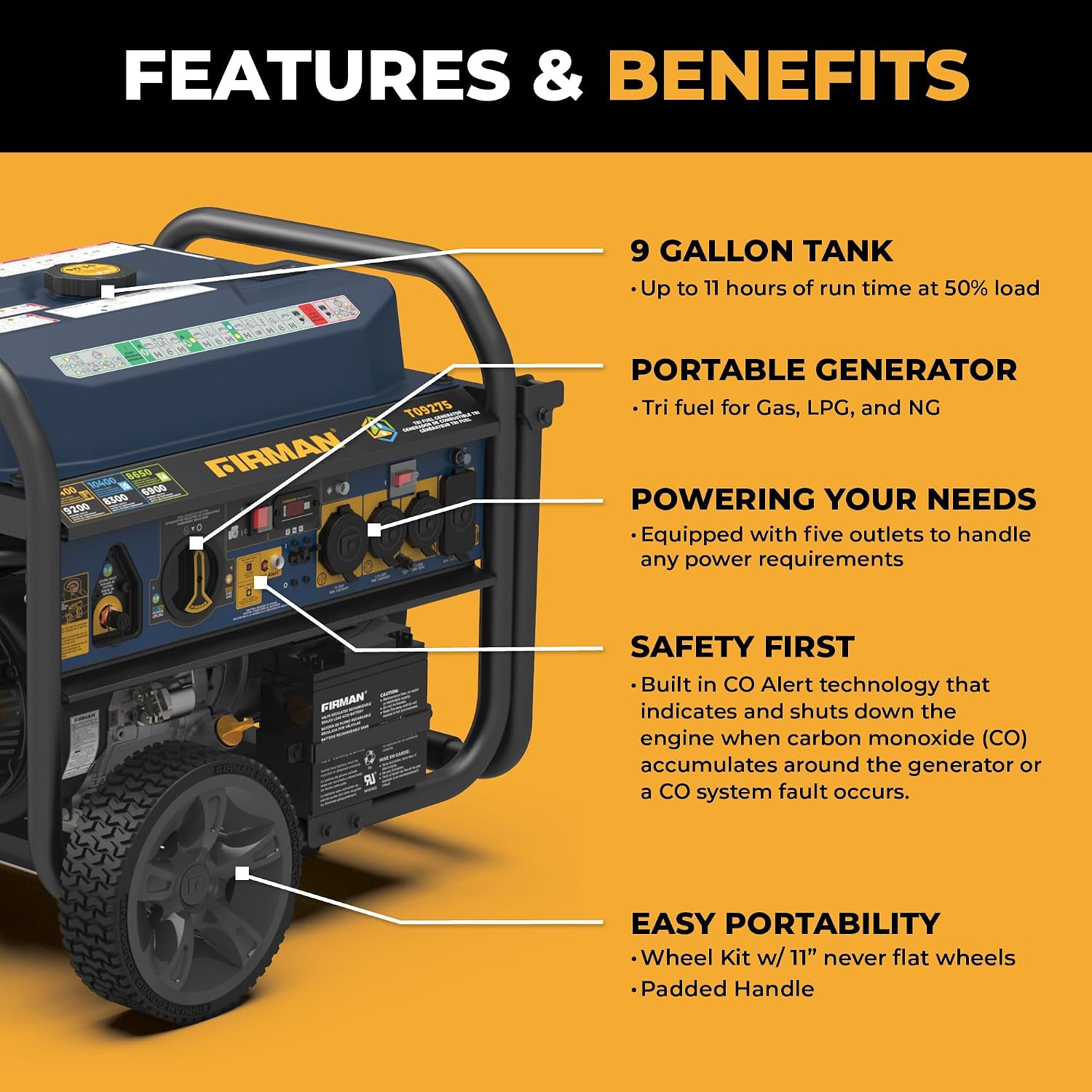 FIRMAN T09275 Tri Fuel Portable Generator, 11400W Electric Start Power Station, 120V 240V Output, Gas, Propane, Natural Gas, CO Alert, Home Backup Power, Emergency and Job Site Generator