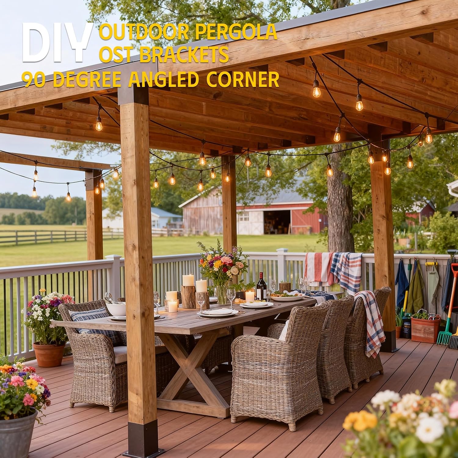 4-Way Pergola Right Corner Brackets Kit, DIY Woodwork Brackets for 6' x 6' (Actual:5.5' x 5.5') Lumber for Patio Pergolas, Gazebos, Log Cabin W/Hardware - 2 Pack