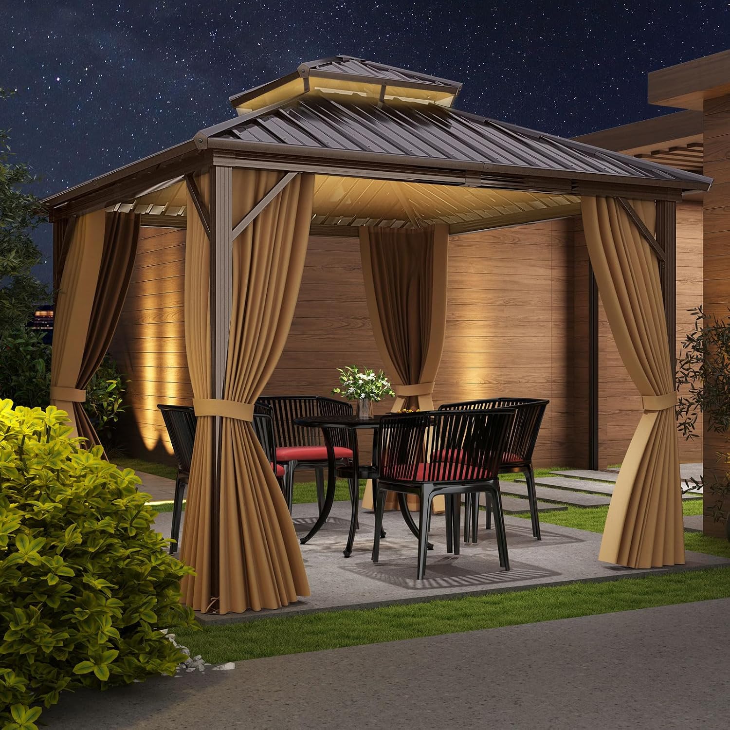 Tangkula 10x10 FT Hardtop Gazebo, Permanent Pavilion Shelter with Netting & Curtain, Heavy-Duty Double Galvanized Metal Roof, Aluminum Frame, Outdoor Gazebo for Patio Garden Deck Lawn Backyard