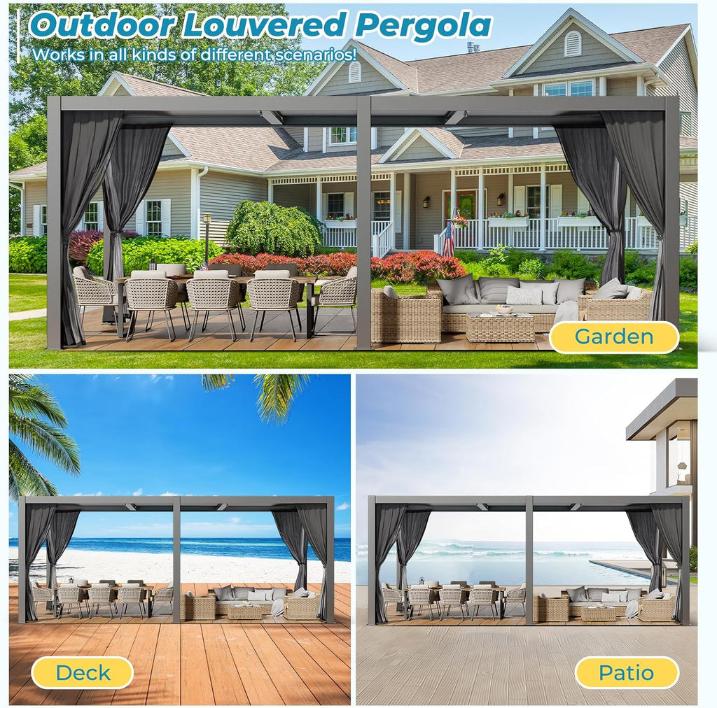 LVUYOYO Outdoor Louvered Pergola 10' x 20', Aluminum Pergola with Adjustable Roof, Waterproof Metal Gazebo with Curtains and Netting for Patio, Backyard, Garden, Deck (Black)