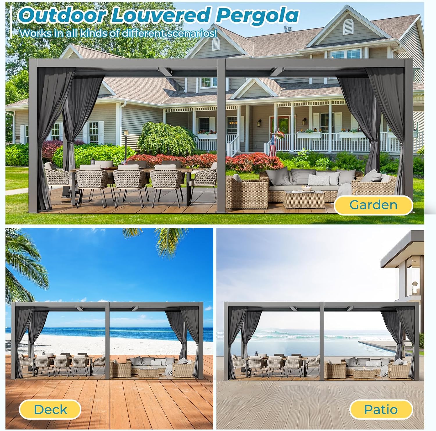 LVUYOYO Outdoor Louvered Pergola 10' x 20', Aluminum Pergola with Adjustable Roof, Waterproof Metal Gazebo with Curtains and Netting for Patio, Backyard, Garden, Deck (Black)