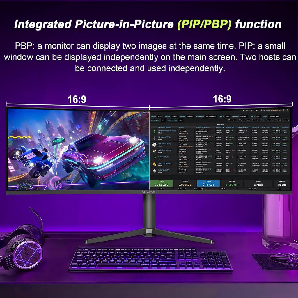 Amzfast 49 Inch Curved Monitor 120Hz DQHD (5120x1440) Ultrawide Gaming Monitor, 120% sRGB, 1500R, 1ms MPRT, HDR, Adaptive Sync, PIP/PBP, Height Adjustable, HDMI 2.0/DP 1.4, VESA 75x75, AMZG49C7U