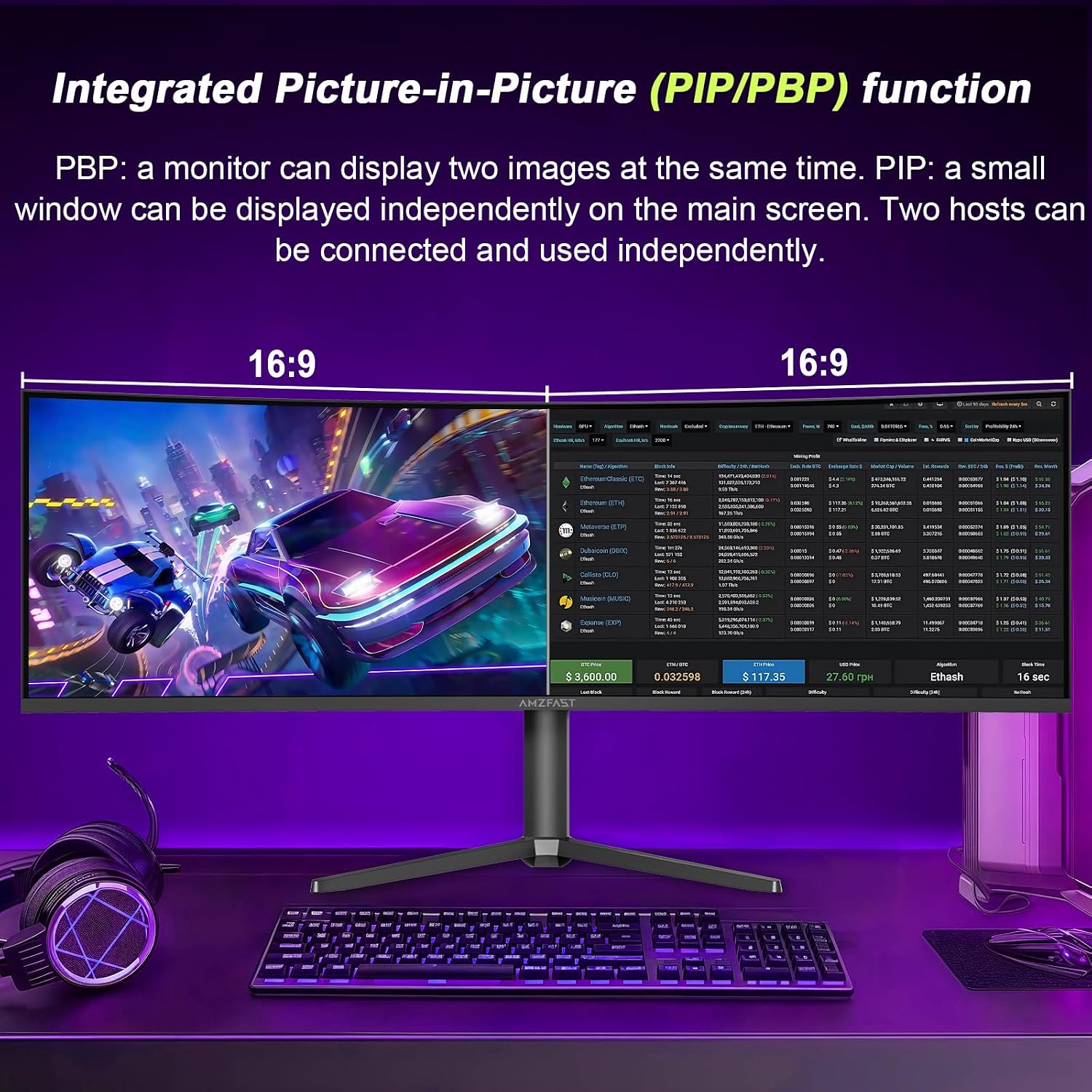 Amzfast 49 Inch Curved Monitor 120Hz DQHD (5120x1440) Ultrawide Gaming Monitor, 120% sRGB, 1500R, 1ms MPRT, HDR, Adaptive Sync, PIP/PBP, Height Adjustable, HDMI 2.0/DP 1.4, VESA 75x75, AMZG49C7U