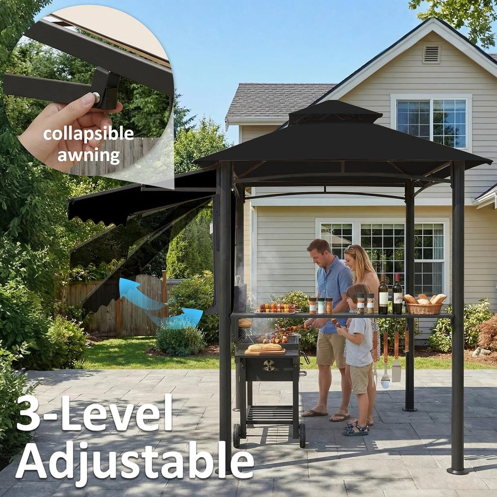 CHARMELEON 8x8 FT Grill Gazebo, Grill Canopy with Big Awning&2 Side Shelves&6 Hooks&Bottle Opener, Powder-Coated Steel BBQ Shelter for Patio Backyard Outdoor Grilling-Black