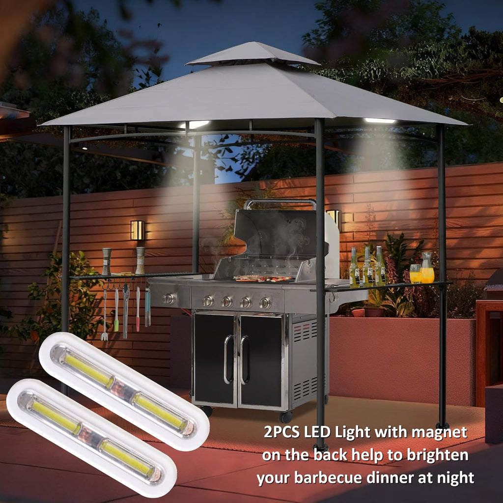FAB BASED 5x8 Grill Gazebo, All-Weather Steel Construction, Double Tiered & Resistance Canopy Roof, Metal Serving Shelves, 2 LED and Bottle Opener for Patio, Backyard, BBQ (Light Gray)