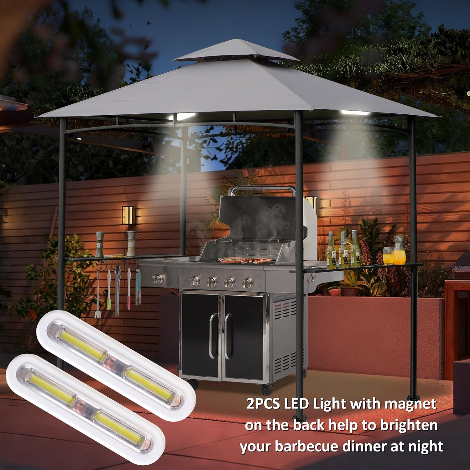 FAB BASED 5x8 Grill Gazebo, All-Weather Steel Construction, Double Tiered & Resistance Canopy Roof, Metal Serving Shelves, 2 LED and Bottle Opener for Patio, Backyard, BBQ (Light Gray)