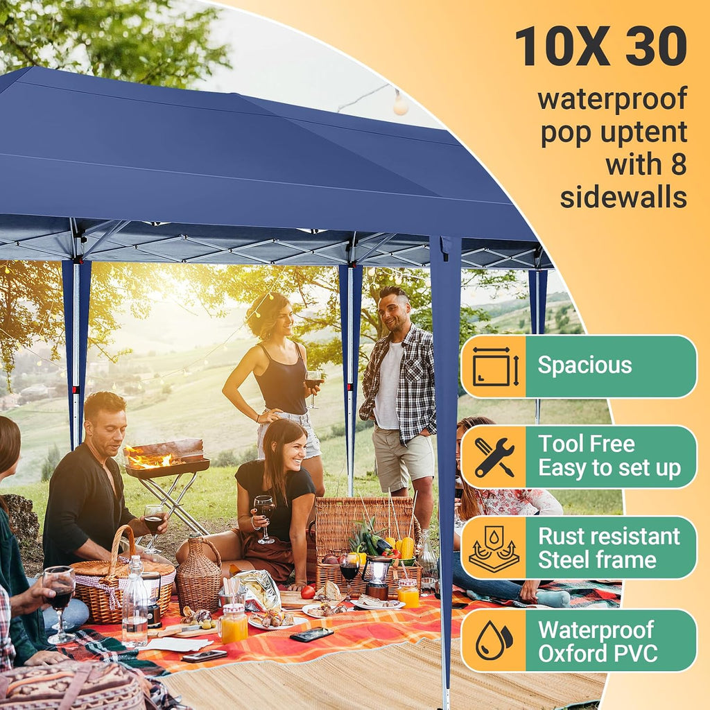 COBIZI 10x30 Pop Up Canopy Tent with 5 Sidewalls Party Tents for Parties Weddings Backyard Waterproof Commercial Instant Outdoor Events Tent with Stakes, Ropes,Sandbags（10 x 30 ft Navy Blue