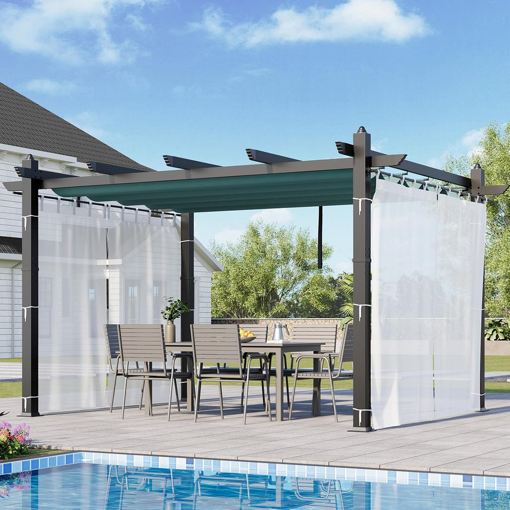 10x13 Ft Outdoor Patio Aluminum Pergola with Sun Shade Canopy & Side Mesh, Upgraded Gray Post Retractable Pergola, Modern Metal Yard Grape Trellis Gazebo for Backyard, Patio, Porch, Blue + White