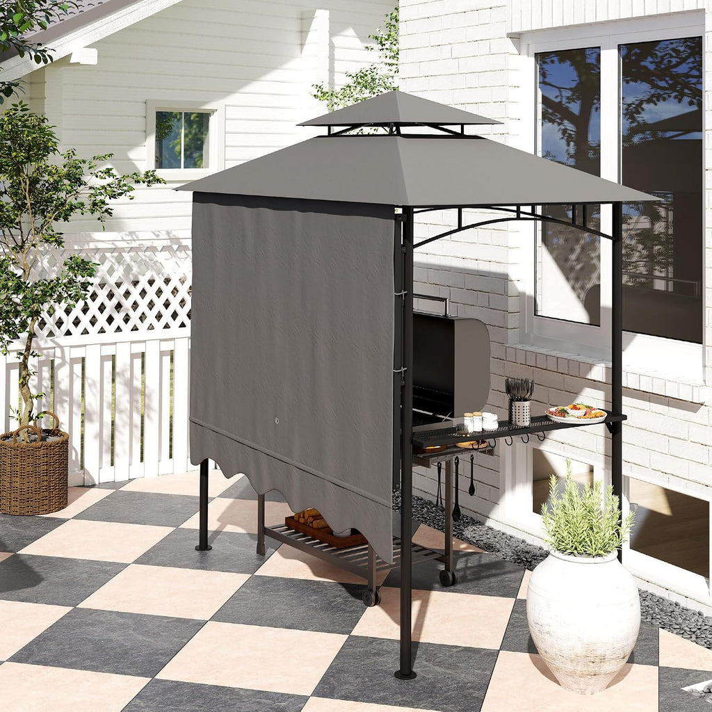 Outsunny 8' x 7.6' Grill Gazebo, Double Tiered Outdoor BBQ Gazebo with Side Awning, 2 Side Shelves and 6 Hooks for Patio, Deck, Yard, Dark Gray