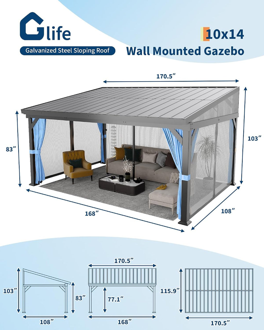 10'x14' Wall-Mounted Lean-to Gazebo with Galvanized Steel Roof, Gutters & Sliding Netting/Curtains – Hardtop Metal Pergola Canopy for Patio, Backyard, Garden, or Carport – Weather-Resistant & Durable