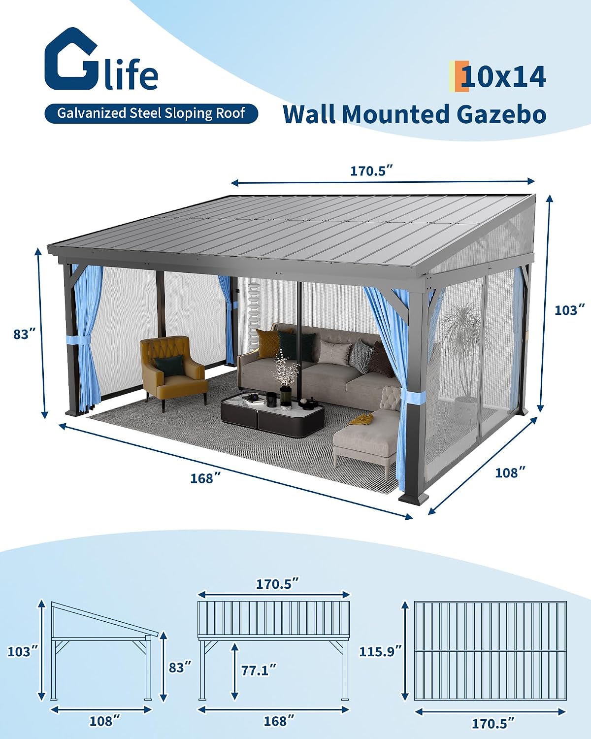 10'x14' Wall-Mounted Lean-to Gazebo with Galvanized Steel Roof, Gutters & Sliding Netting/Curtains – Hardtop Metal Pergola Canopy for Patio, Backyard, Garden, or Carport – Weather-Resistant & Durable