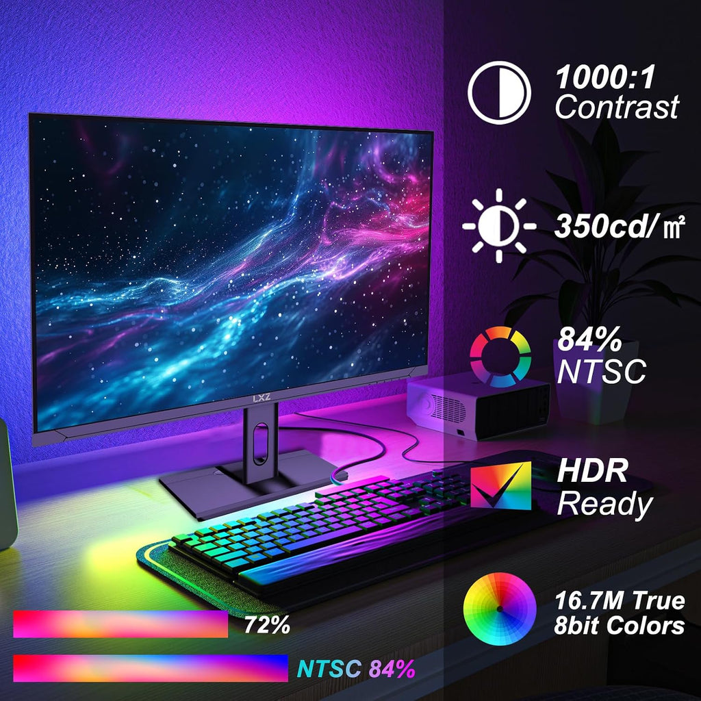 LXZ 27 inch Monitor 4K UHD 144Hz Gaming Monitor – IPS Panel with 1ms MPRT, Supports HDR, 84% NTSC, HDMI 2.1, Height/Tilt/Pivot/Swivel Stand, VESA Compatible, Eye Care – Black