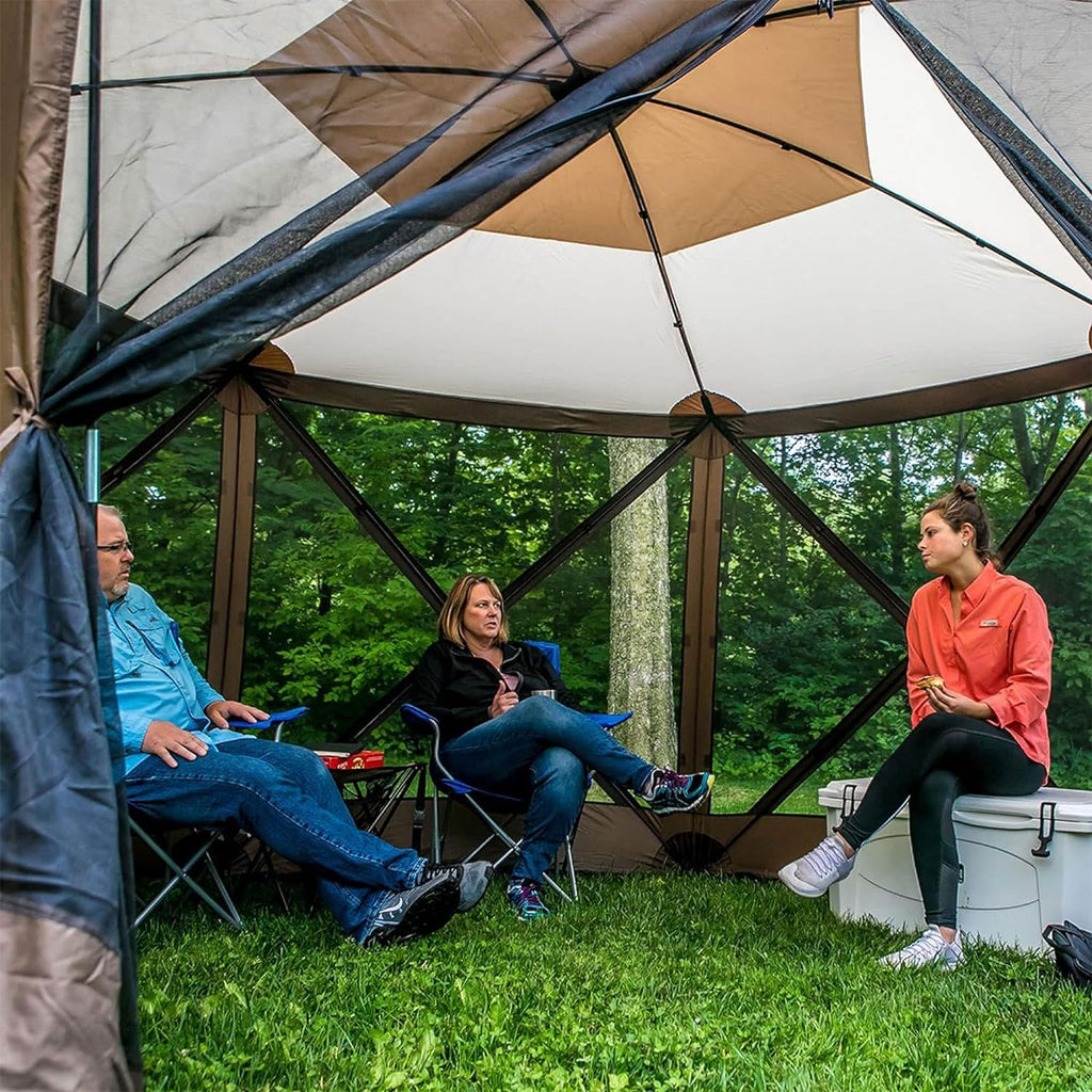 CLAM Escape 11.5' Pop-Up Screen Tent – Brown Outdoor Camping Gazebo Canopy with No-See-Um Mesh, Carry Bag & Stakes – 6-Sided Portable Shelter for Camping, Picnics, & Events – Fast 45-Second Setup