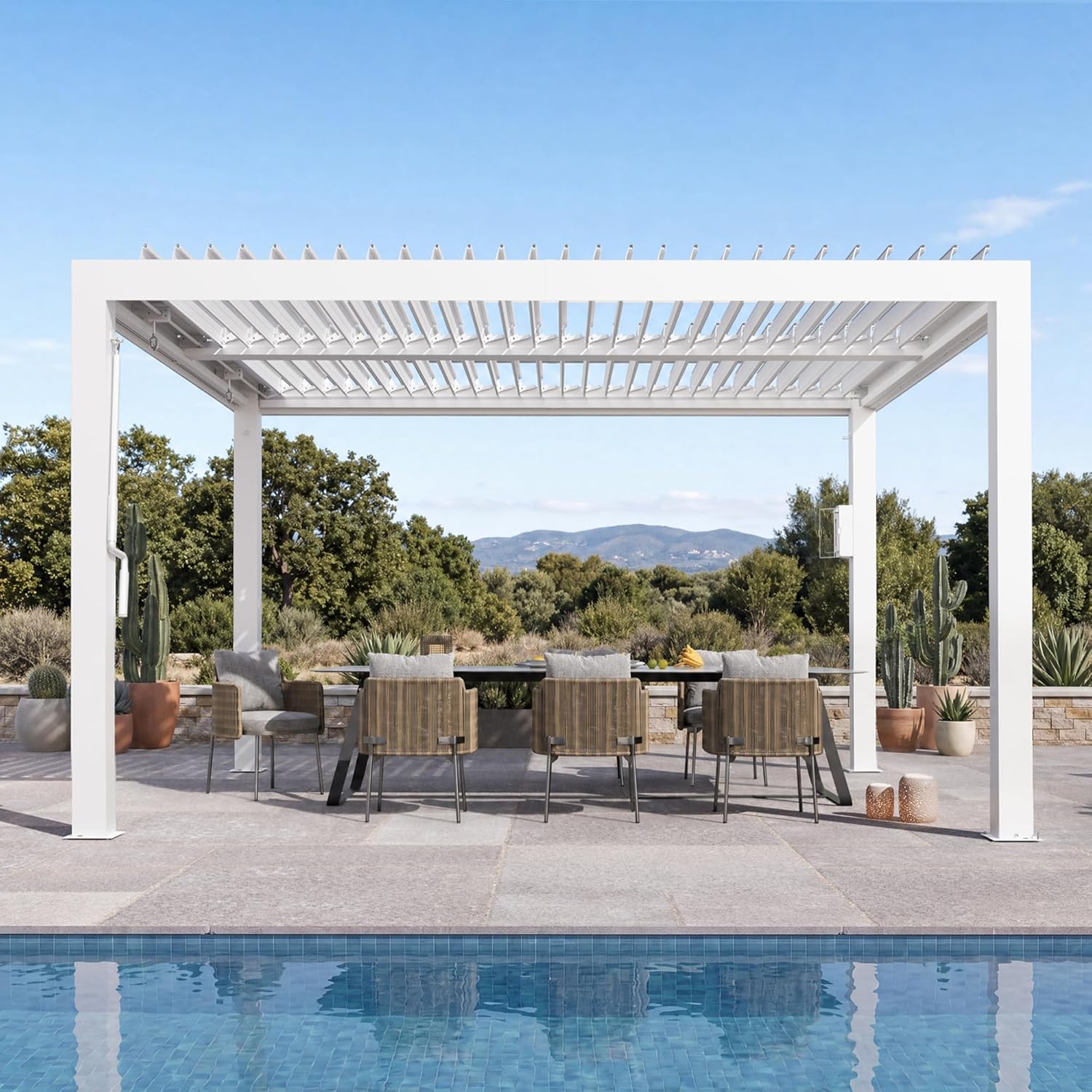 Modern Shade Aurora Louvered Pergola 10'x12' with USB Charging Port Deck, Outdoor Pergola with Adjustable Waterproof Roof & Integrated Drainage, Reinforced Frame for Patio, Easy Assembly, White